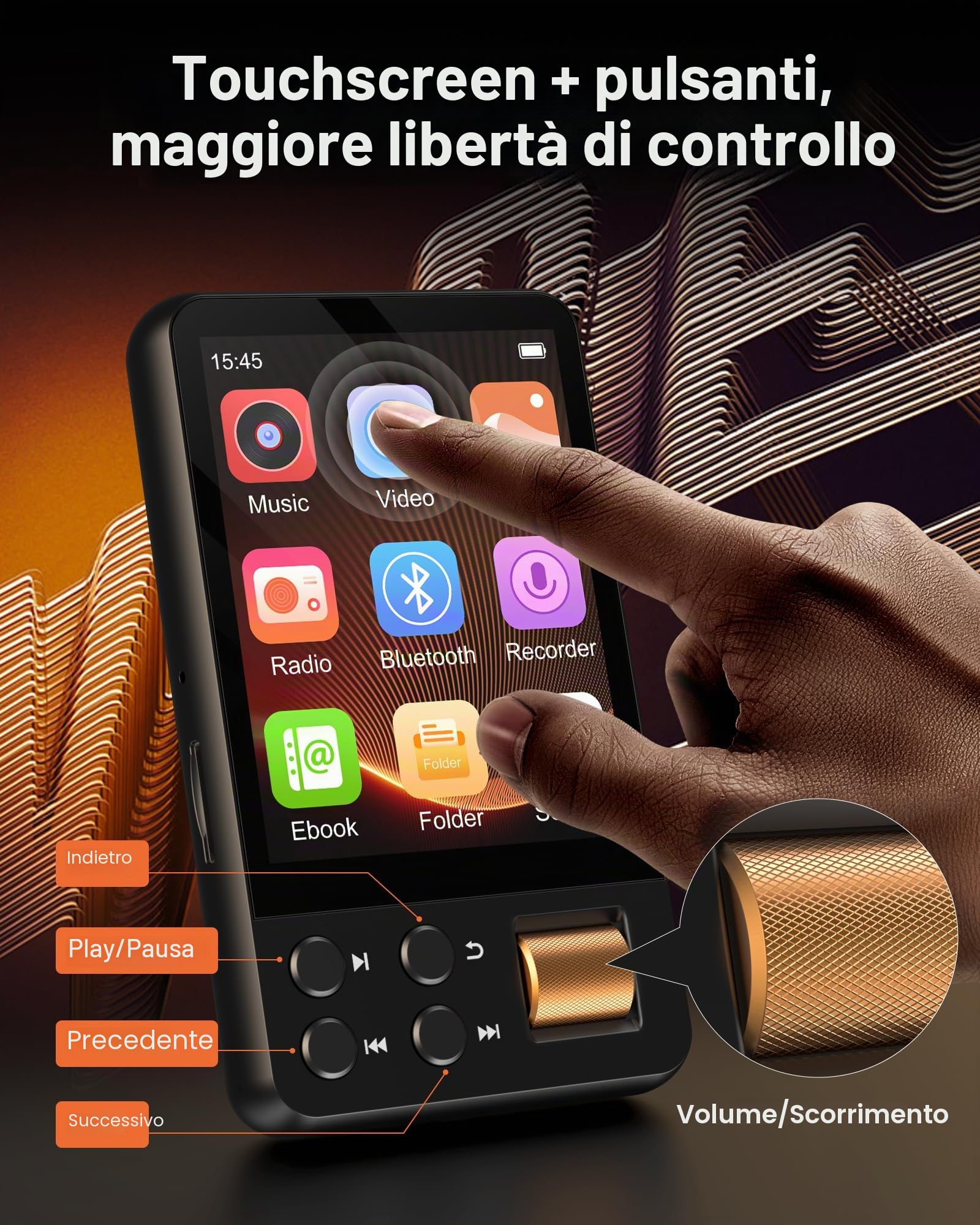 64GB Lettore MP3 Bluetooth, MP3 Lettore Musicale con Cuffie, Dittafono, Suono HiFi, Schermo a Colori da 2,4 Polliciideale per Sport, Nero