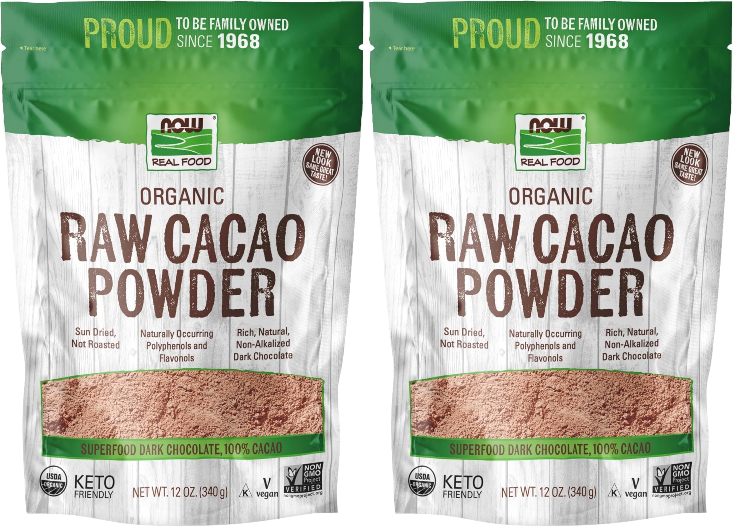 NOW Foods, Organic Raw Cacao Powder, with Polyphenols and Flavonols, Sun-Dried, Intensely Rich Flavor, 12-Ounce (Packaging May Vary) (Pack of 2)