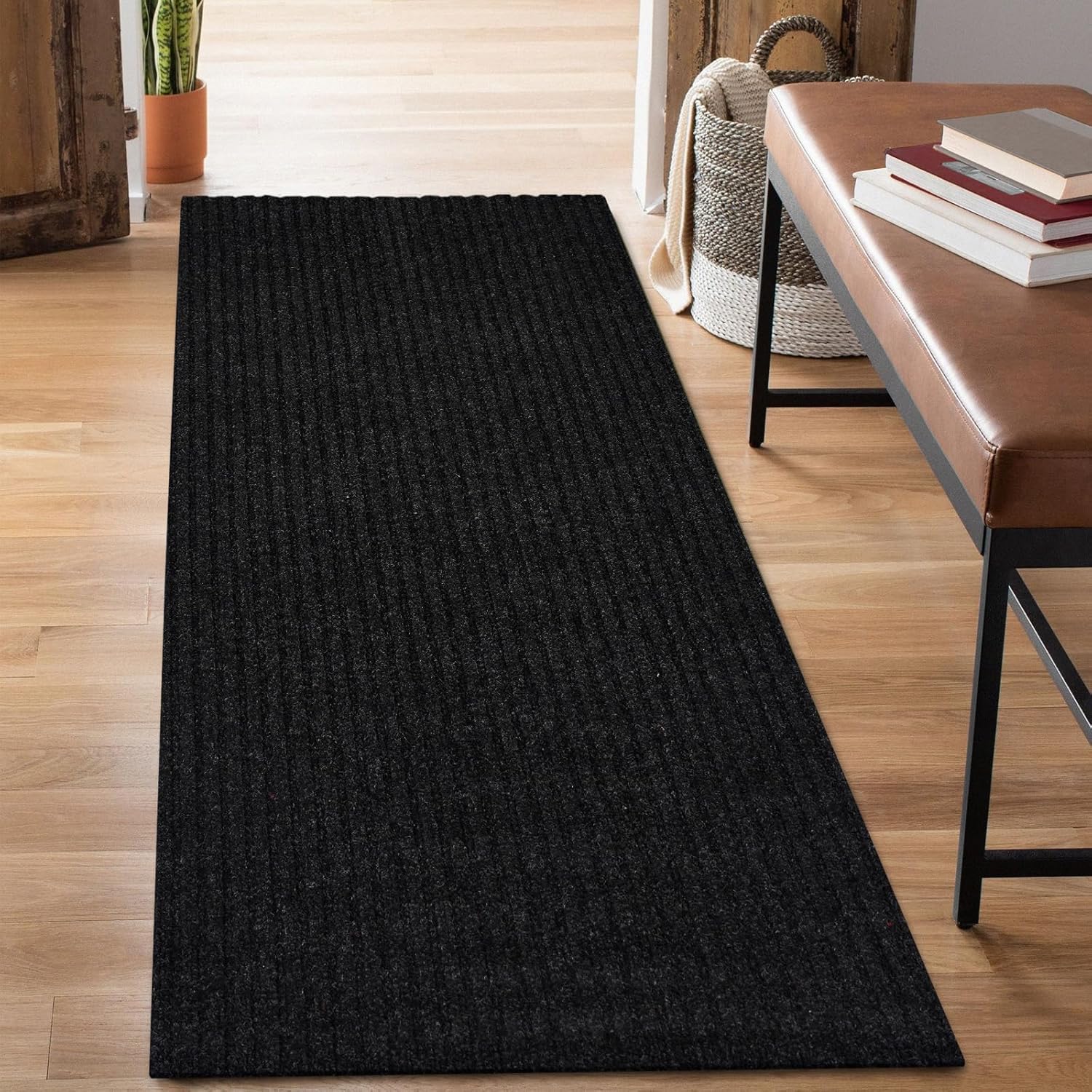 2' x 6' Runner Rugs with Rubber Backing, Outdoor Indoor Utility Non Slip Carpet Rug Runner for Hallway, Custom Size Area Rugs Mat for Entryway Balcony Patio Kitchen Garage Stair Laundry Stripe Black 2ft x 6ft