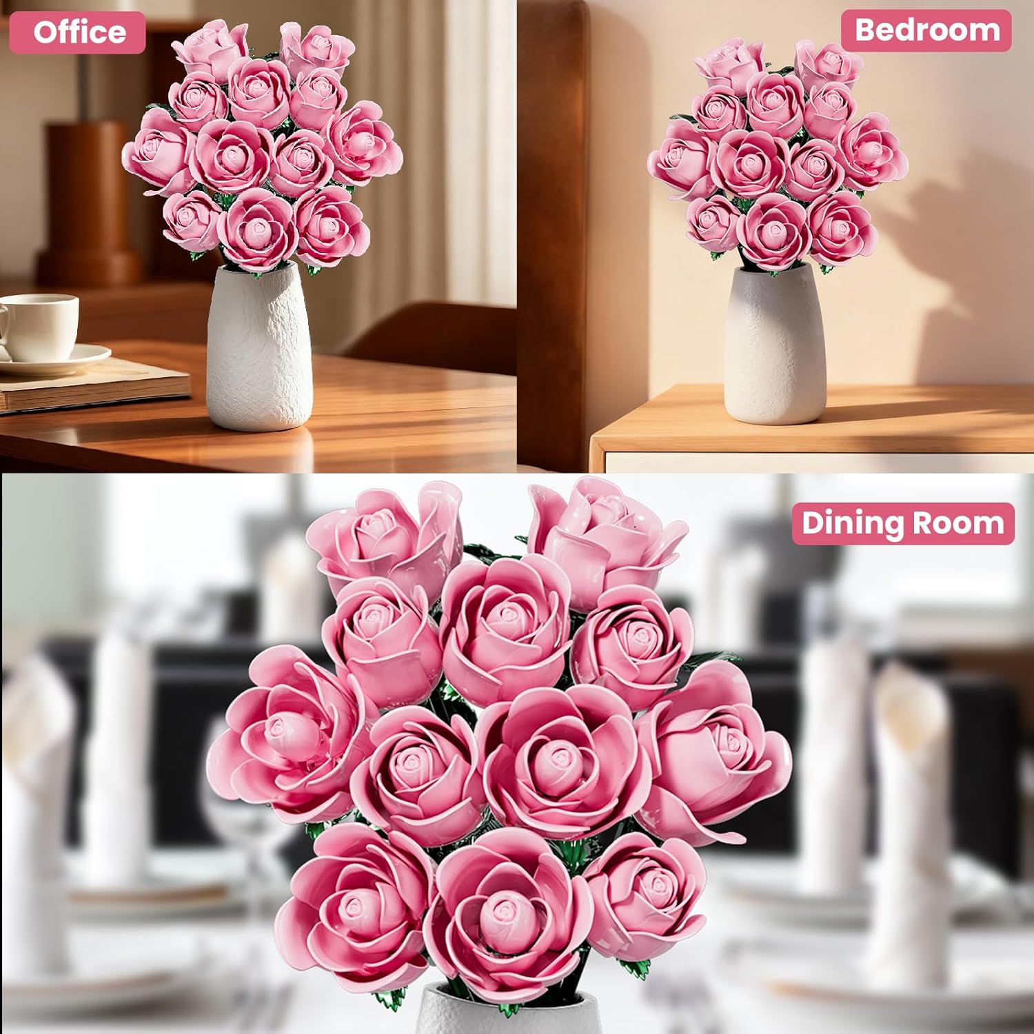 Pink Rose Bouquet Building Set for Girls & Boys - 12 Pack Botanical Collection Gift for Mother Day Mom/Her/Girlfriend/Wife/Couple, Gothic Emo Vintage Retro Artificial Flowers Botanical Collection