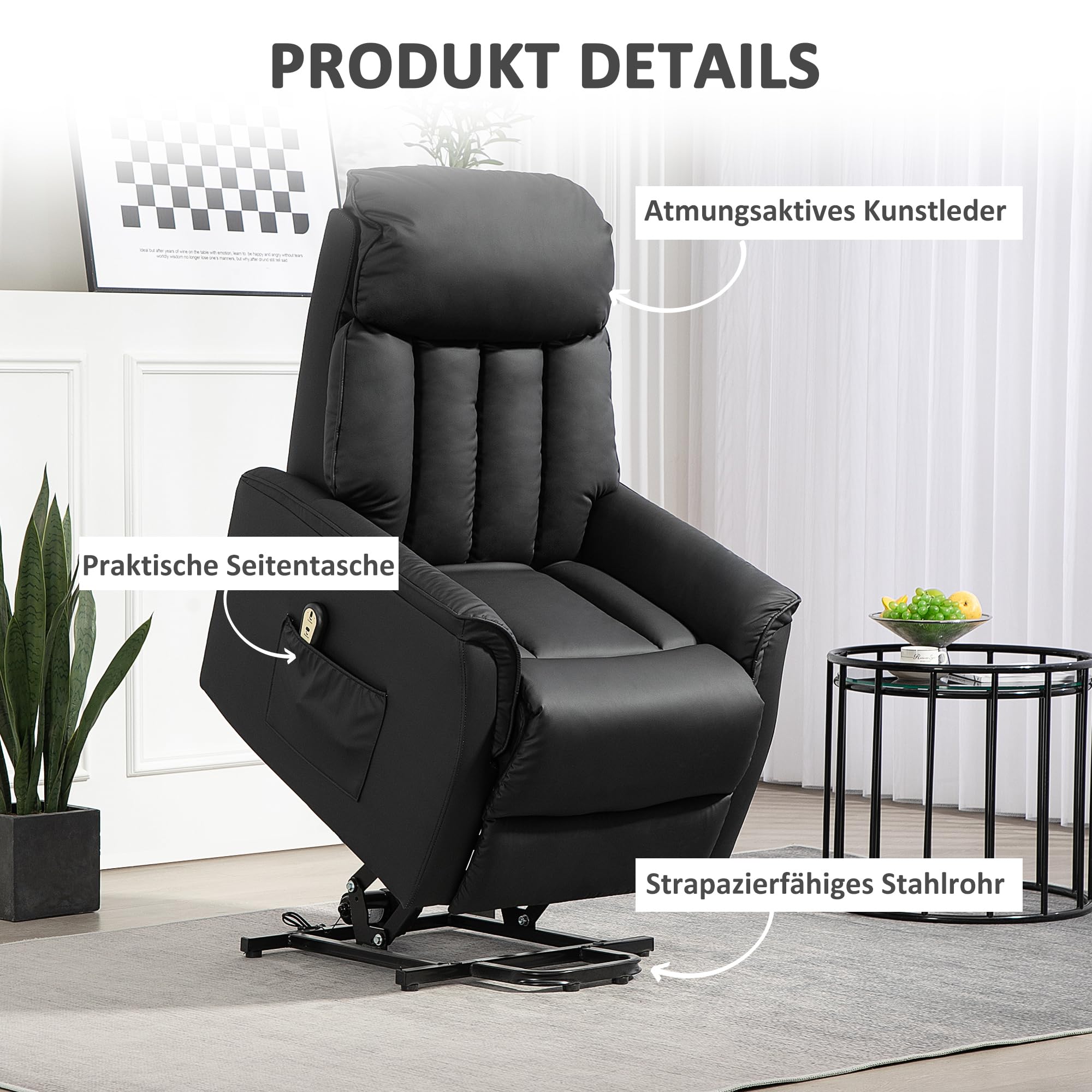HOMCOM Relaxsessel Elektrisch Fernsehsessel mit Aufstehhilfe, Liegefunktion, TV Sessel mit Fußteil, Seitentasche, Fernbedienung, für Wohnzimmer, bis 150 kg, Kunstleder, Schwarz