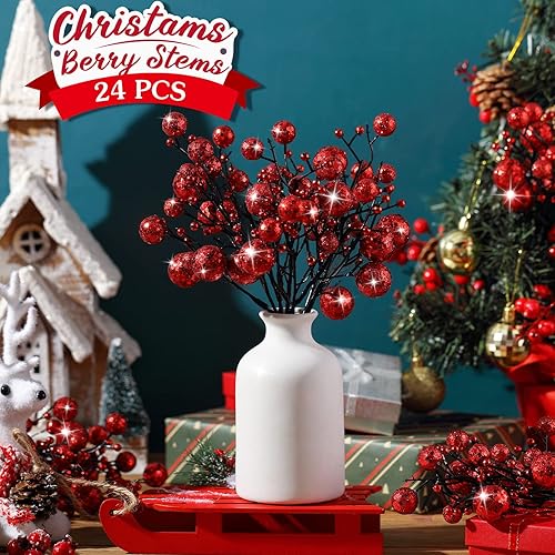 Miniatura 3 de Geosar 24 tallos de bayas con purpurina de Navidad de 10 pulgadas, adornos de bayas artificiales con purpurina, tallos florales para árbol de