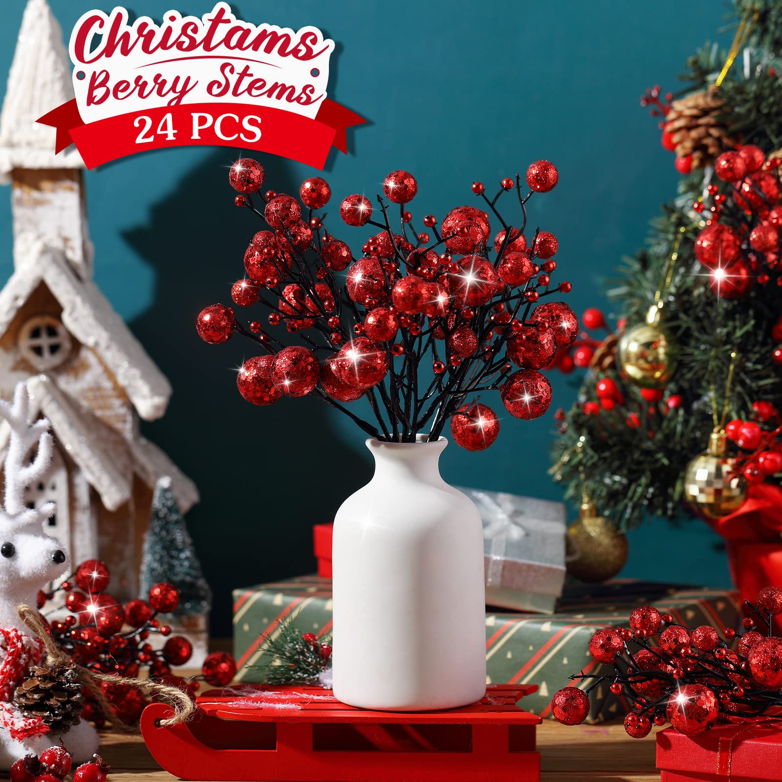 Geosar 24 Stück Weihnachten Glitzernde Beeren Zweige Weihnachten Beeren Picks Künstliche Glitzernde Beeren Ornamente Blumenstiele für Weihnachtsbaum, Haus Kranz, Party Dekoration (Rot)