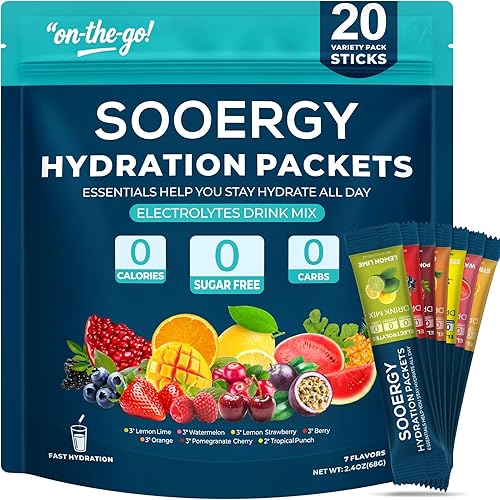 Electrolytes Powder Packets Sugar Free Hydration Packets, 7 Flavors Liquid Daily IV Electrolyte Drink Mixes for Rehydration with Electrolytes, Vitamins, 0 Calorie, 20 Sticks