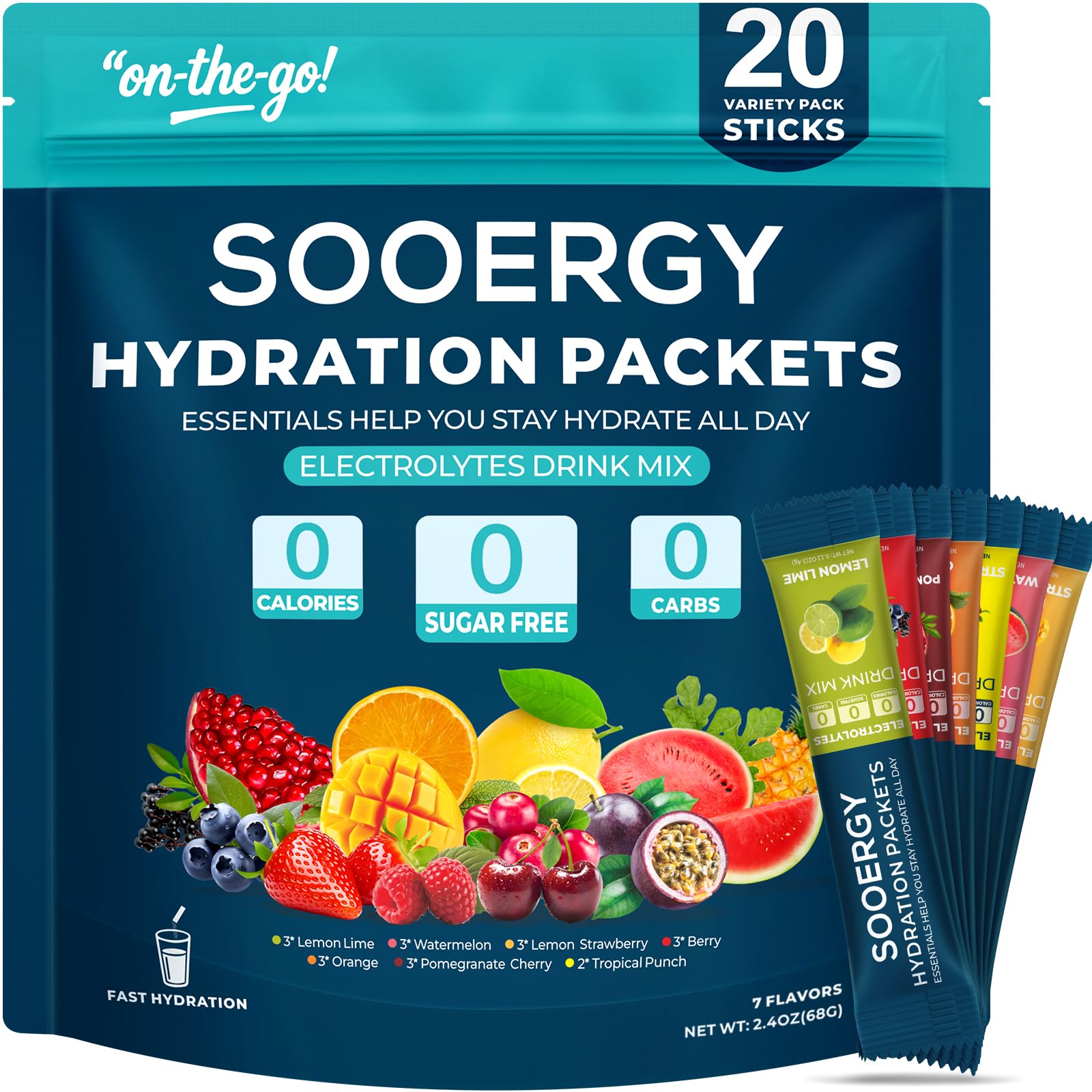 Sooergy Electrolytes Powder Packs - Paquetes de hidratación sin azúcar, 7 sabores, mezcla líquida diaria de electrolitos intravenosos para rehidratación con electrolitos y vitaminas, 0 calorías, 20 sobres