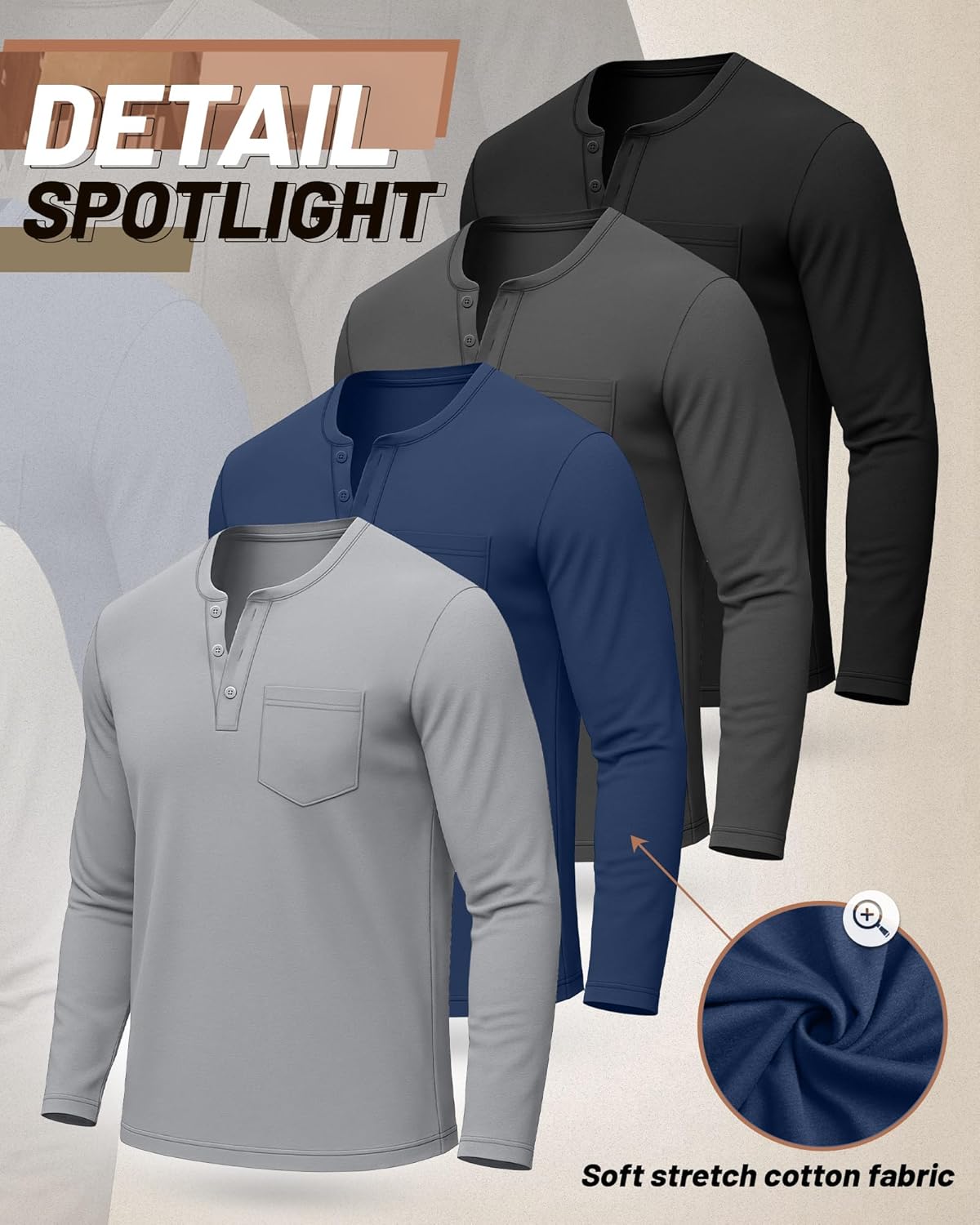 4 Pack Men's Big and Tall Henley Shirts Long Sleeve 3 Button T Shirt Casual Solid Basic Tee Tops with Pocket - Image 3