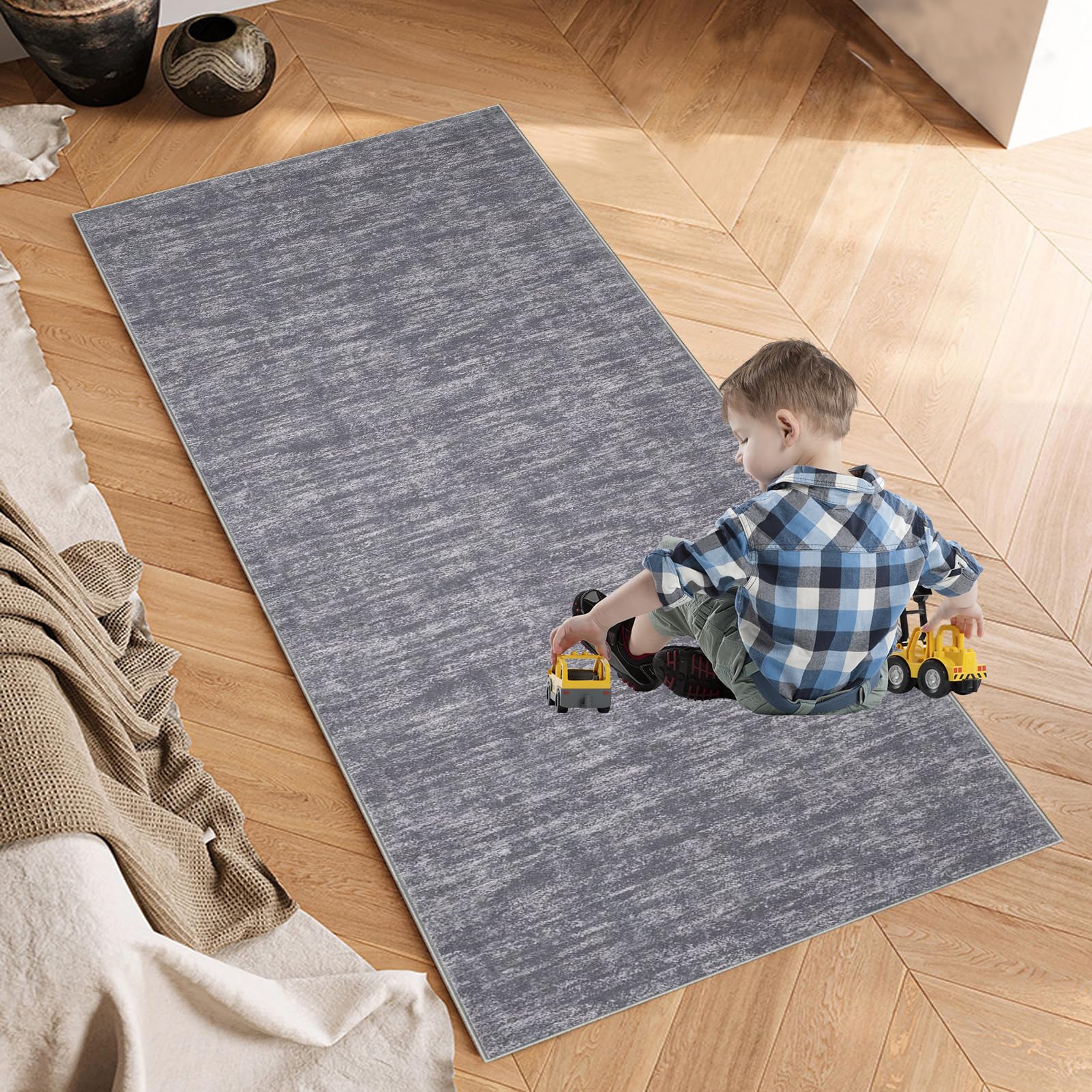 Dywan, bieżnik na korytarz, długi, antypoślizgowy, z krótkim włosiem, nadaje się do prania, chodnik kuchenny, 80 x 380 cm, szary, dywanik do kuchni, dywanik nocny, do korytarza, sypialni, salonu