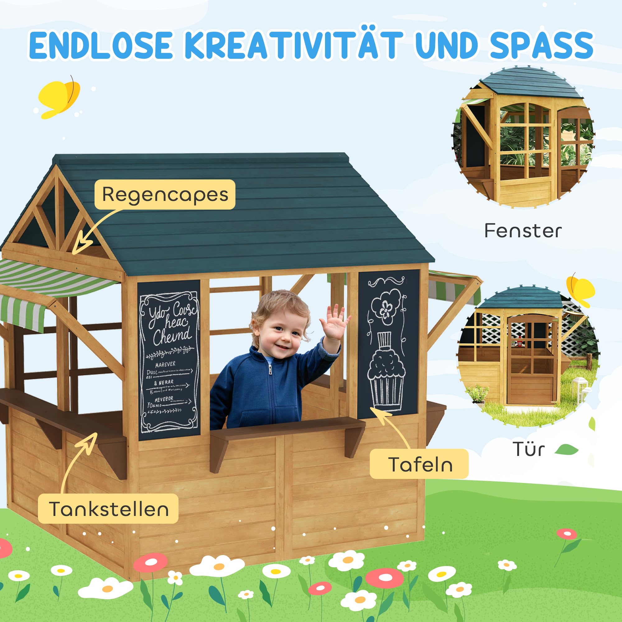 AIYAPLAY Spielhaus aus Holz Faltbar Kinderspielhaus Outdoor mit Fenstern und Tür für Kinder 3-8 Jahre