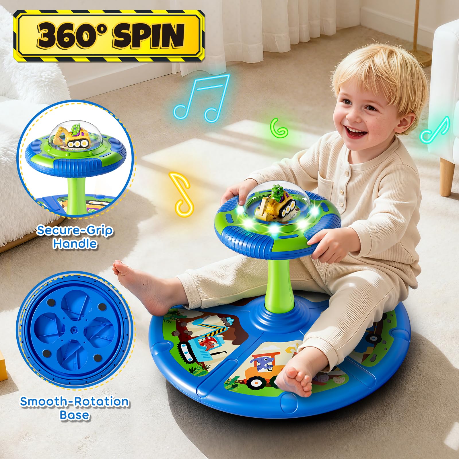 Lehoo Castle Dino Drehsitz Spielzeug Kinder, mit Licht & Musik | 360° Drehung, 3 Modi mit Licht & Sound, belastbar bis 59 kg, für drinnen & draußen, für Kleinkinder 1-6 Jahre