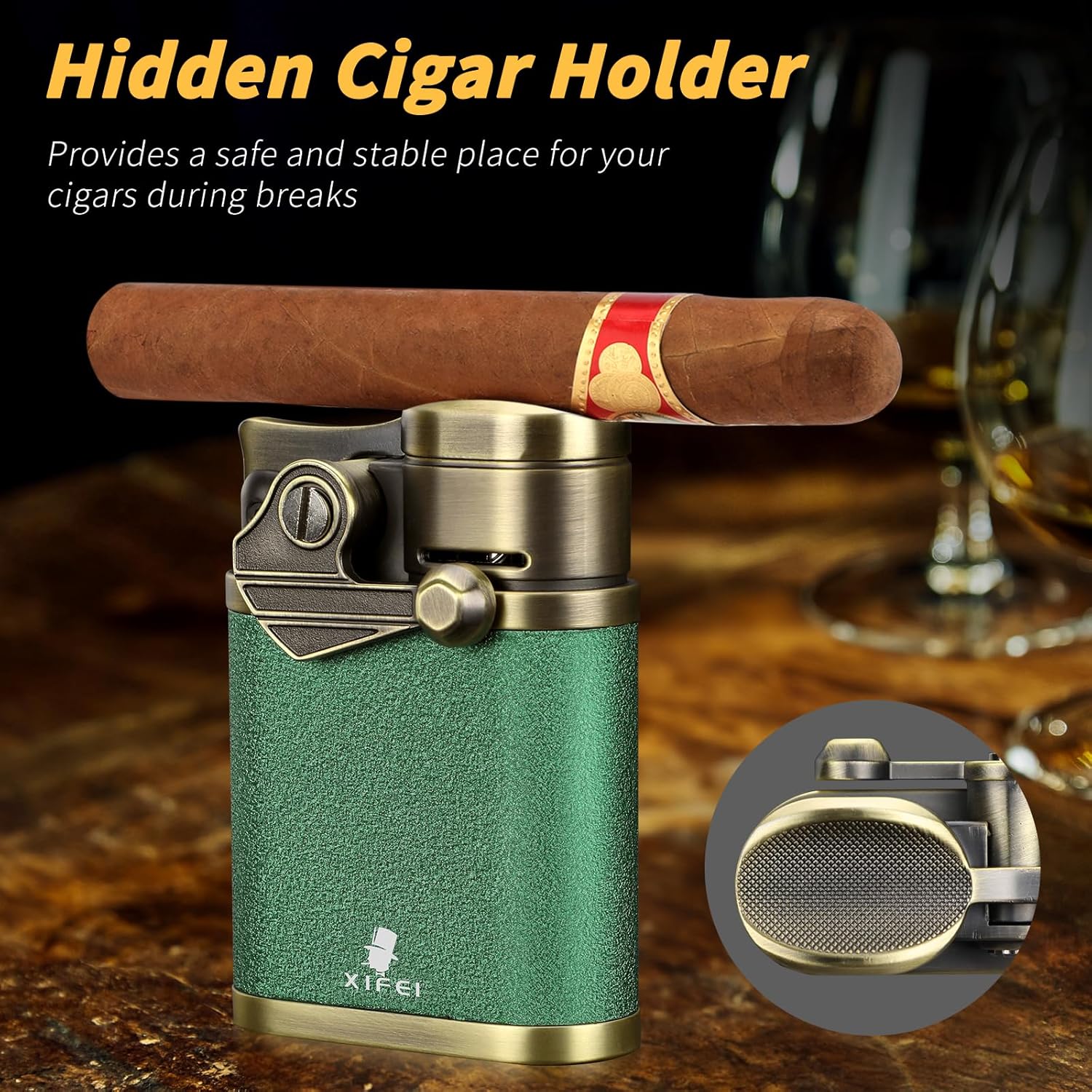 XIFEI 4 Jet Flame Cigar Lighter, Refillable Butane Lighter with Cigar Holder, Gift Box, Rocker Arm Ignition Design, Windproof Desktop Torch Lighters, Cigar Accessories for Cigar Lovers (Green)