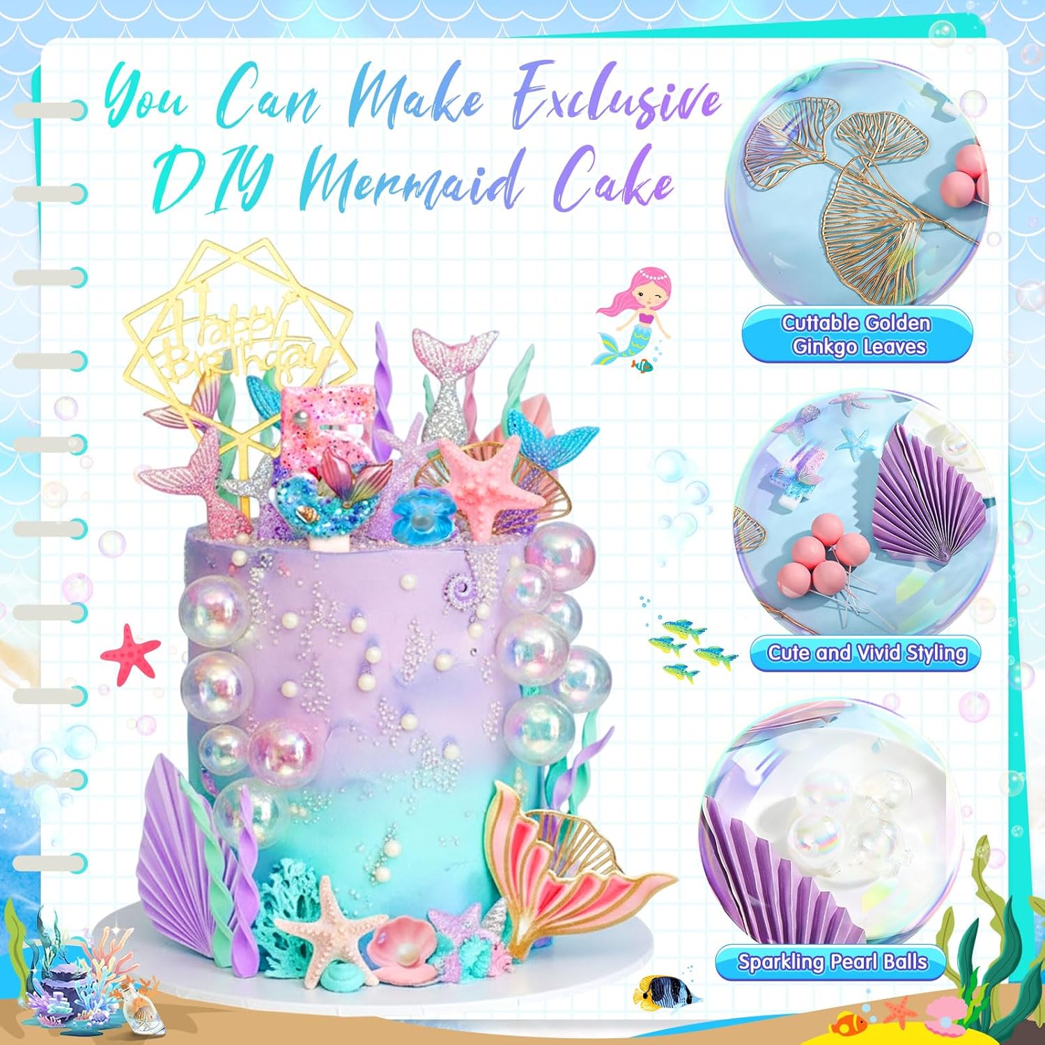 32 Pcs Mermaid Cake Toppers Under the Sea Cake Decor Sets Mermaid Tails Seaweeds Bubbles Shells Golden Ginkgo Leaves Birthday Card Candle for Birthday Wedding Party Supplies(Number 5) - Image 5