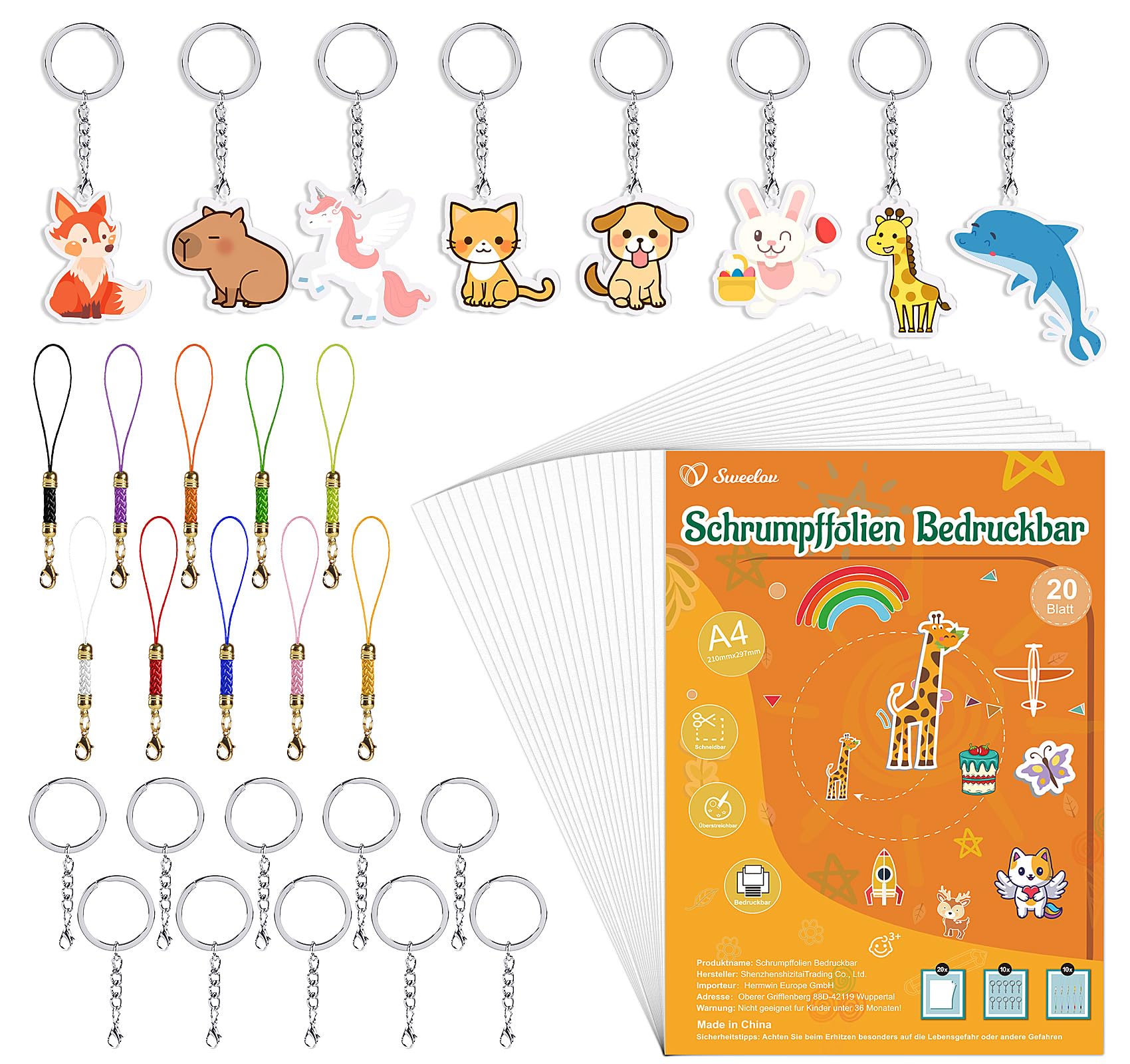 Sweelov 40 Stück Schrumpffolie Set-A4 Schrumpffolie Bedruckbar zum Basteln mit Blank Schrumpfplastik, Schlüsselbundzubehör für DIY Handwerk Dekorationen