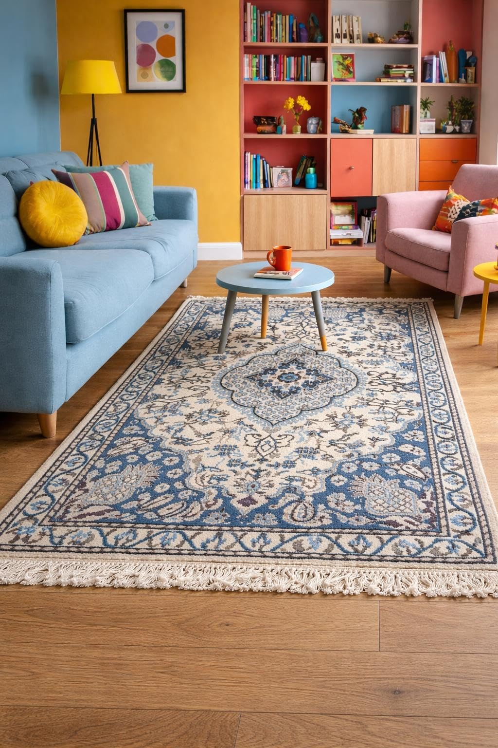 Alfombra de lana hecha a mano floral azul 136x87 pieza única de artesanía clásica elegante