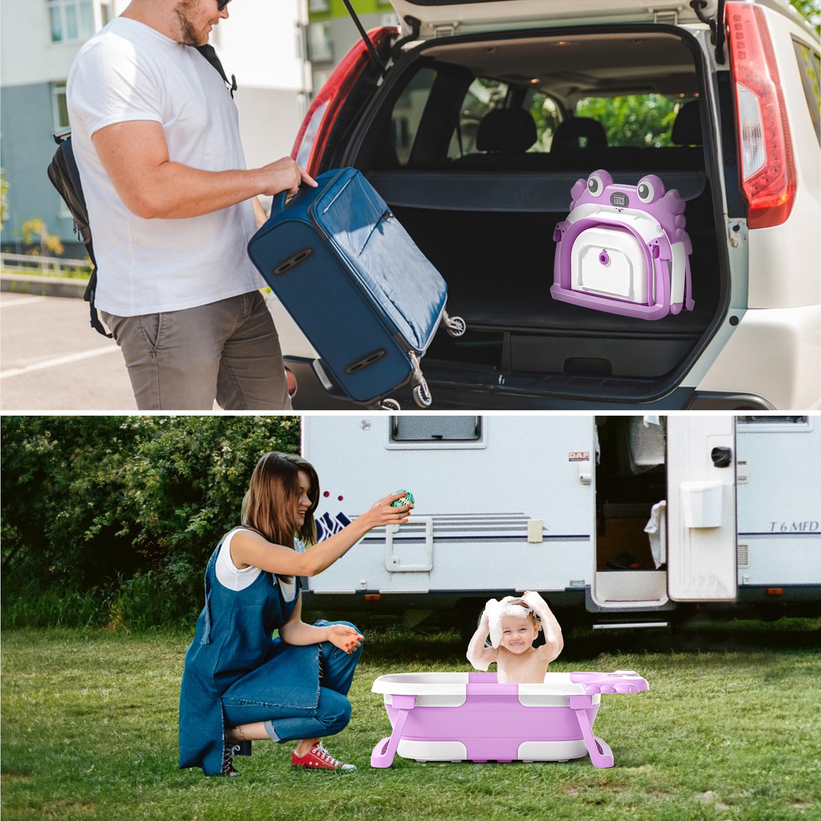 Bañera plegable para bebés y niños pequeños con monitor de temperatura en tiempo real + cojín flotante, juego de bañera plegable para bebés de 0 a 36 meses, bañera de viaje portátil para recién