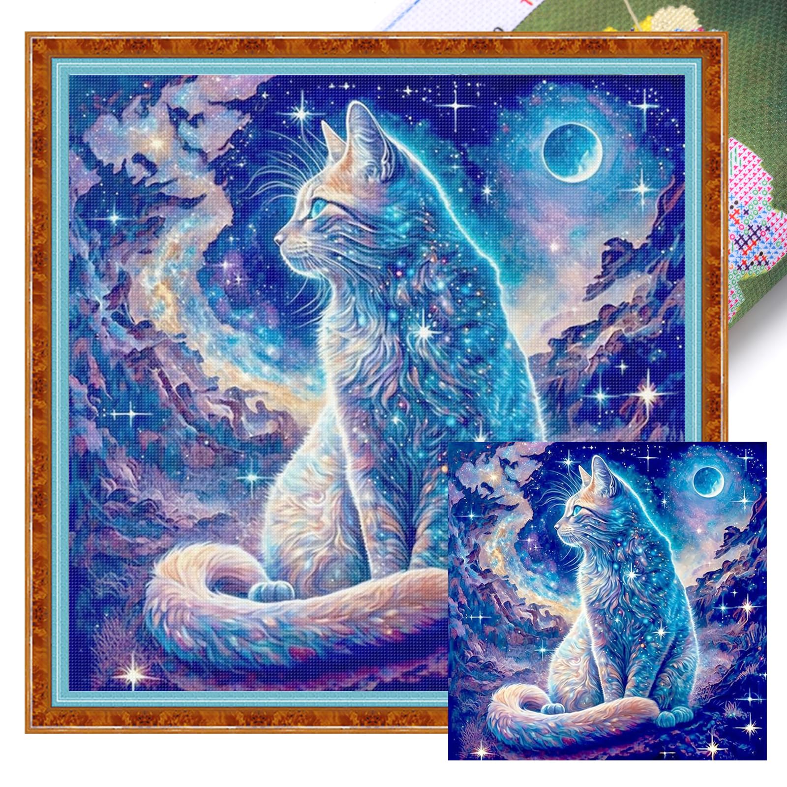 POETRYDRAW Magic Cat Full 11CT DIY Stamped Printed Cross-Stitch Kits 15.75x15.75inch Embroidery Needlepoint Starter Kits for Beginners Adults Home Decor