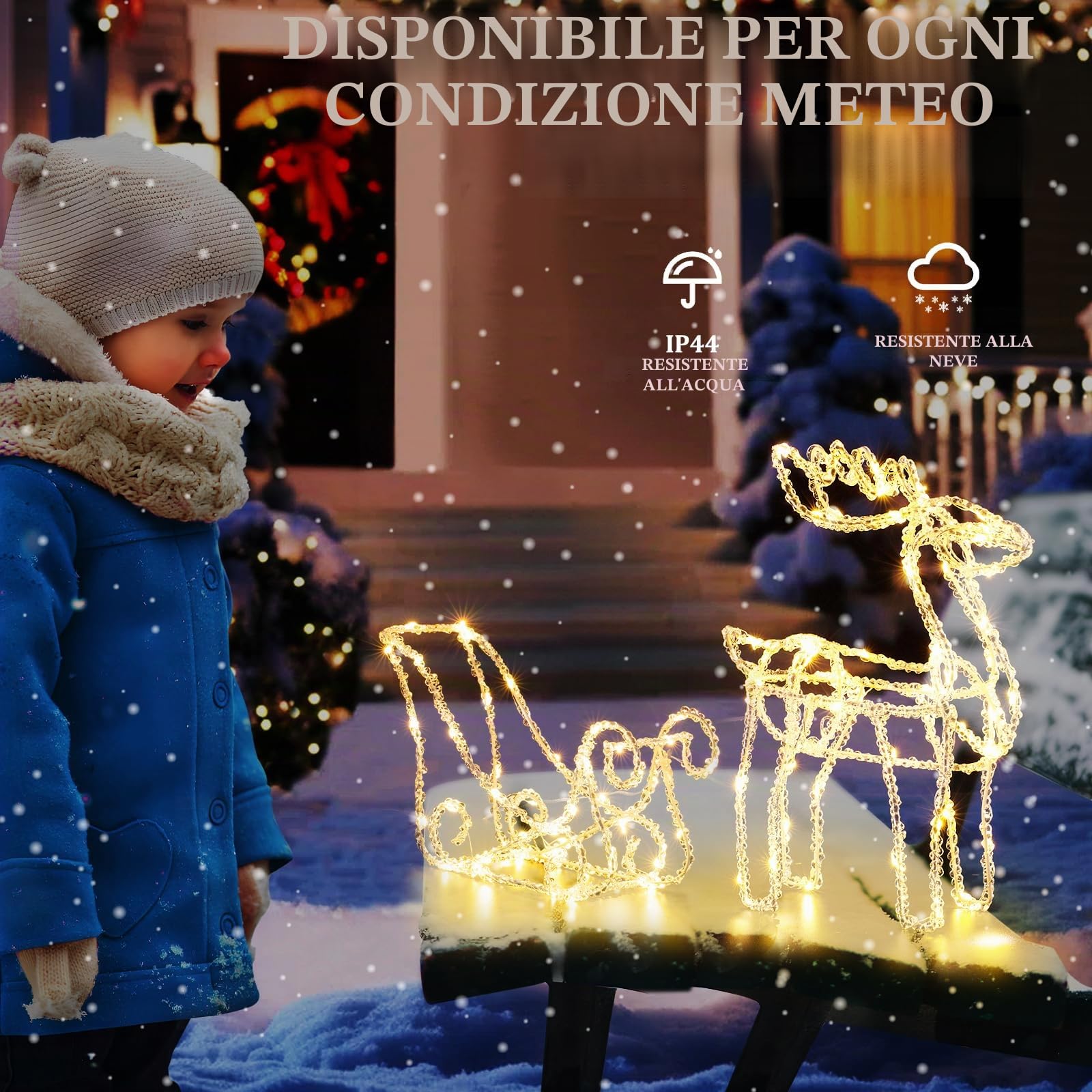 Quntis 100LEDs Renna di Natale Luminosa, Renne Natalizie da Interno e Esterno, IP44 Renna con Slitta Luminosa, Funzione Timer & Memoria, Decorazioni Natalizie con 5m Cavo