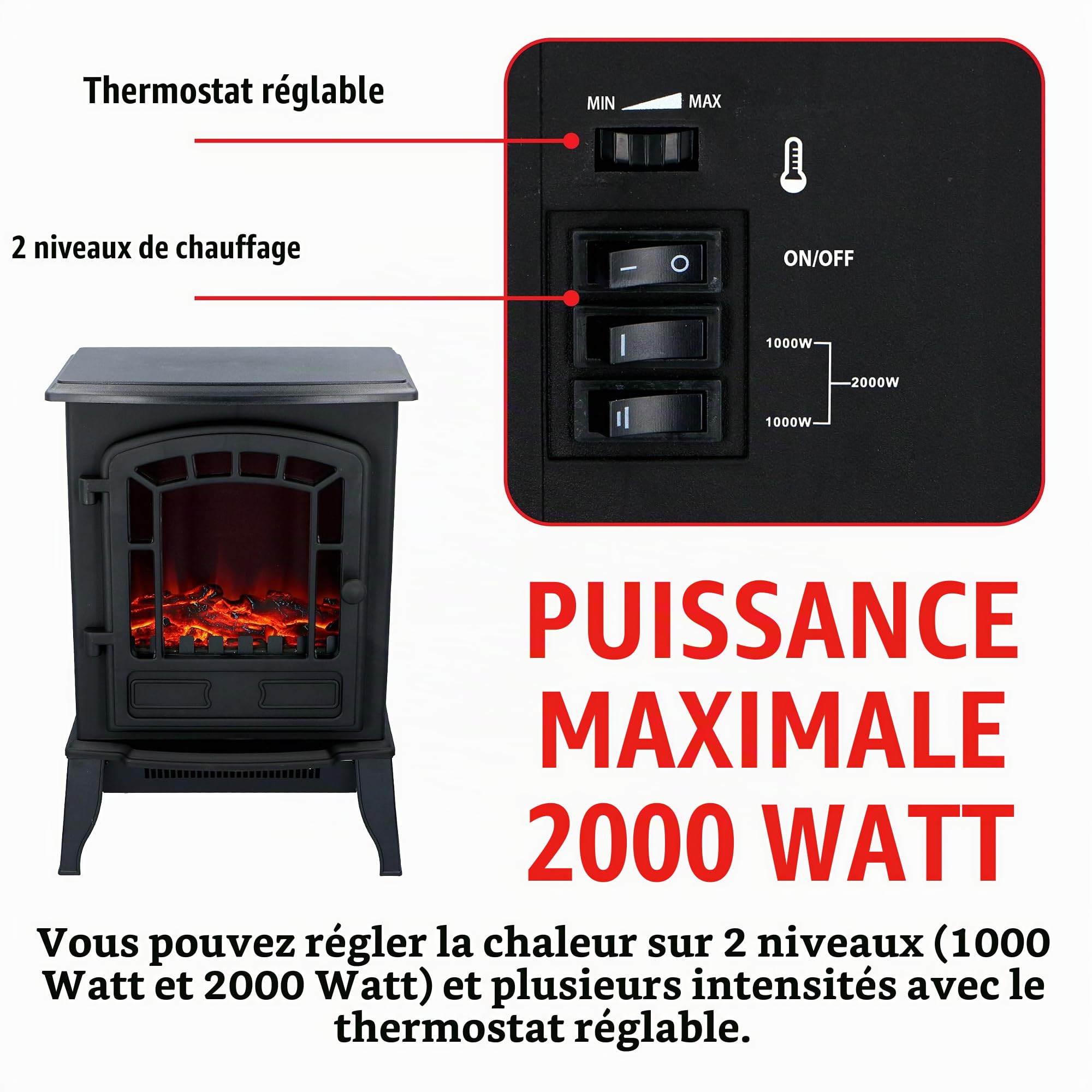 Cheminée Électrique Torino – Radiateur Électrique 2000W Chauffage d’Appoint avec Effet Flamme LED – Poêle Chauffant Décoratif sur Pieds avec Protection Surchauffe – Noir