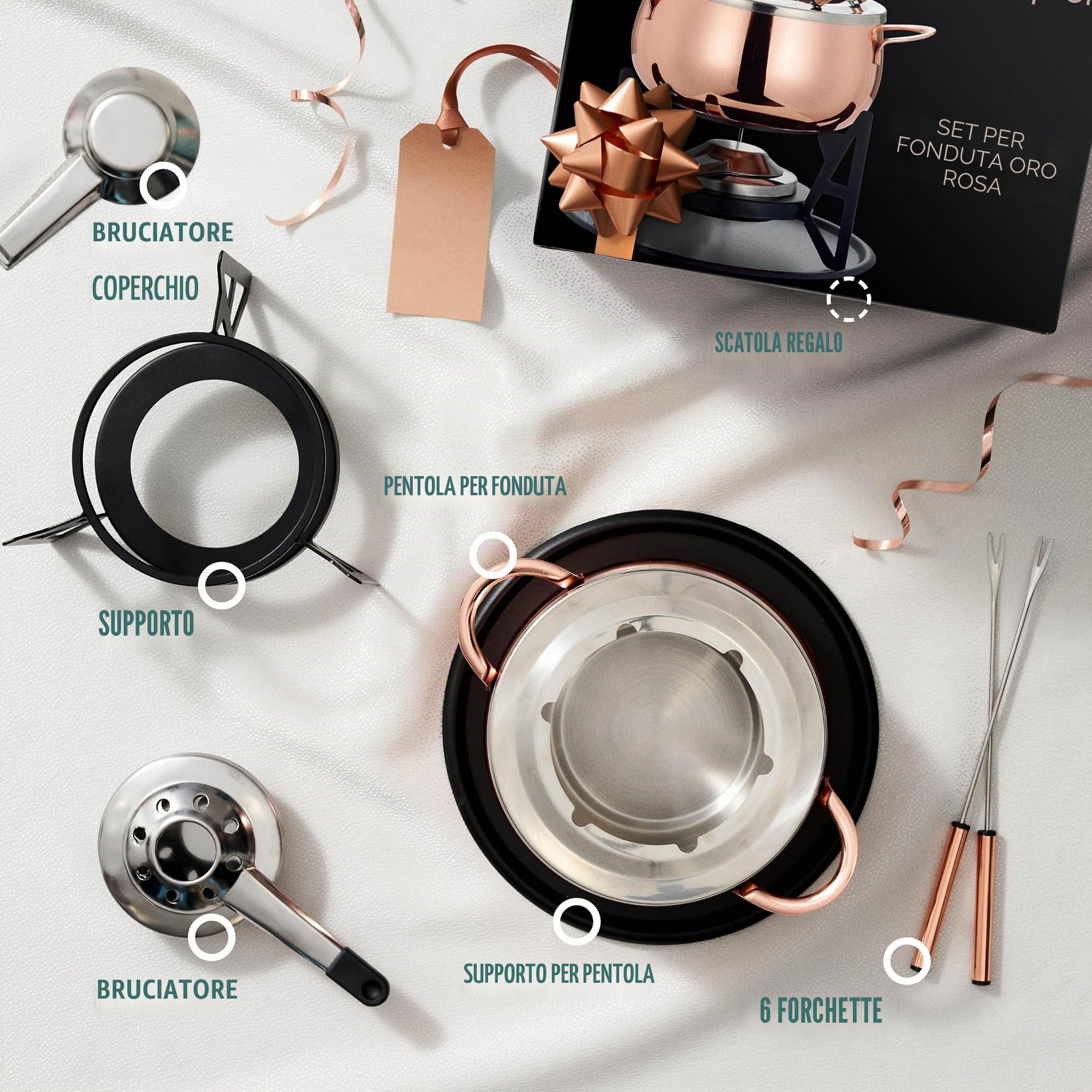 OS Oak & Steel ENGLAND Set da 10 Pezzi per Fonduta in Oro Rosa con Pentole in Acciaio Inossidabile e Confezione Regalo Esclusiva