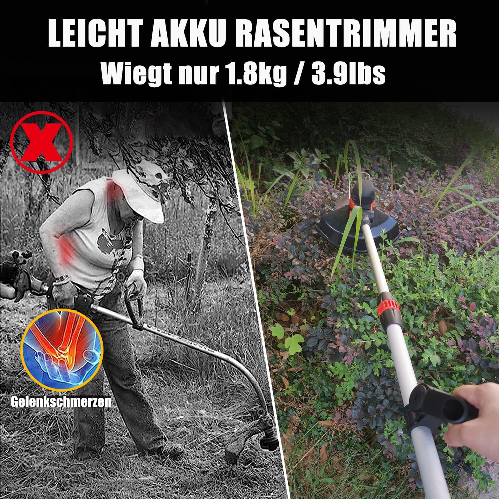 Rasentrimmer mit Akku für Makita Rasentrimmer BRUSHLESS, ∅30cm Freischneider Akku Rasentrimmer mit Unkrautbürste, Messer, Rädern, 160CM Unkraut Entferner Gerät, Garten Grass Trimmer/Unkrautstecher | ∅30cm, 2x 24V AKKU Rasentrimmer mit Unkrautbürste Freisc