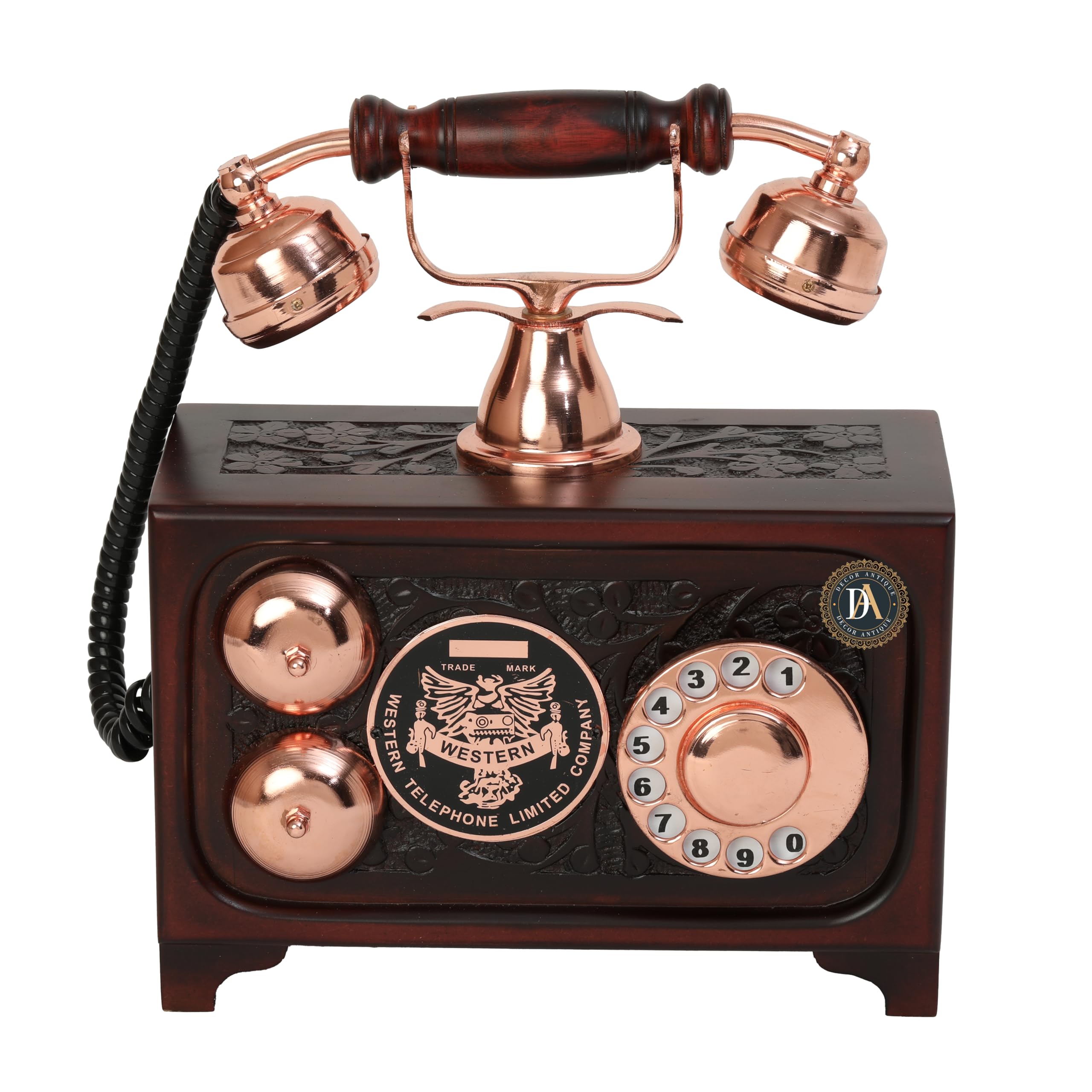 Decor Antique Copper Finish Wooden Carving workes Telephone (Non Working) only shopeace Dummy Telephone-image-15