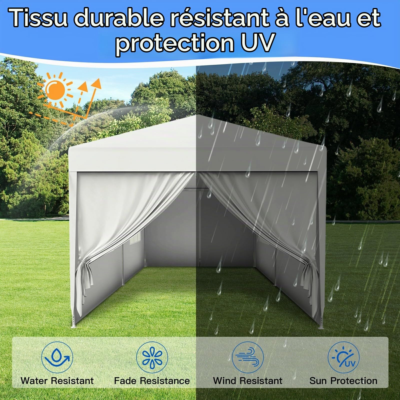 Tonnelle de Jardin 3x3M,Tente Réception,Tente de Campingavec Fenêtres、Parois Latérales，Imperméable,Anti UV，Résistant au Vent Auvent,Barnum pour Camping Festival Plage,Blanc