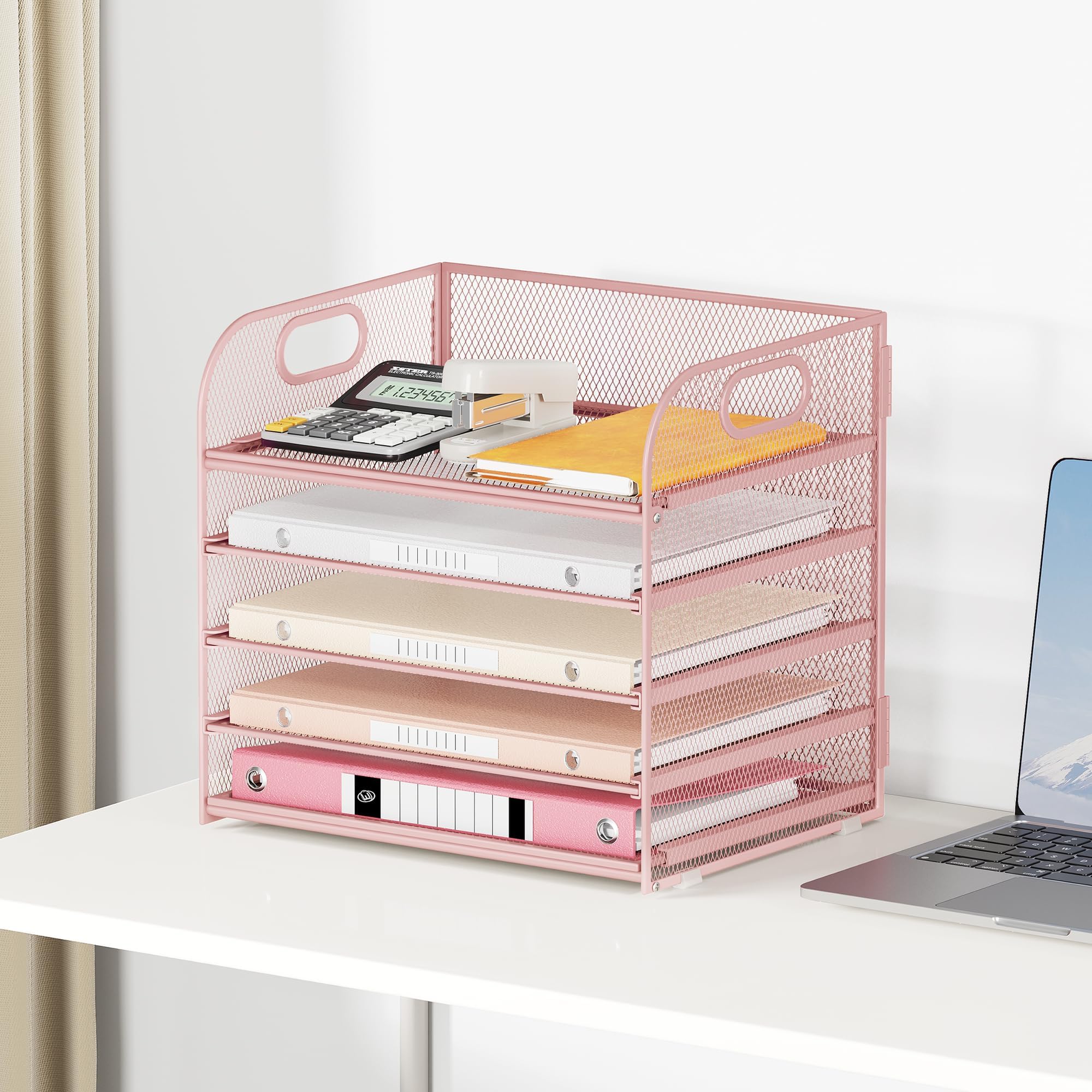 VITVITI Organiseur de Bureau à 5 Niveaux - Porte-Documents empilable avec poignée - Fournitures de Bureau pour Documents A4, Papier, Livre, Magazine - Rose
