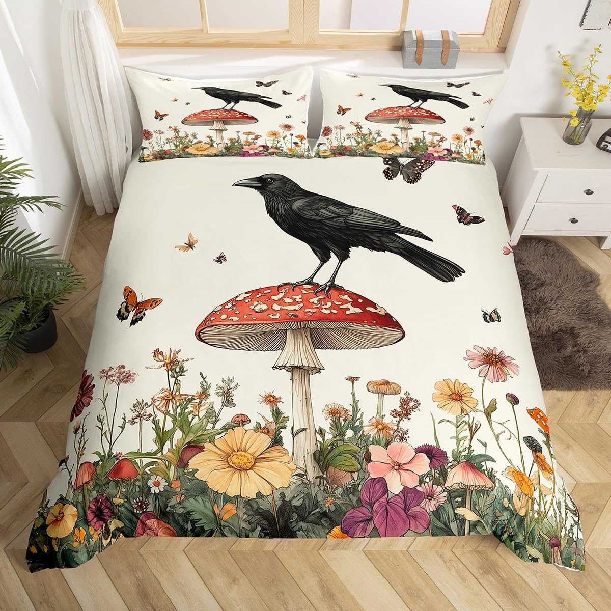Homewish Mushroom Duvet Cover Black Crow Comforter Cover,Botanical Flowers Printed for Kids Boys Girls Teens Double Bedding Set,Woodland Animals Bird Plant Quilt Cover