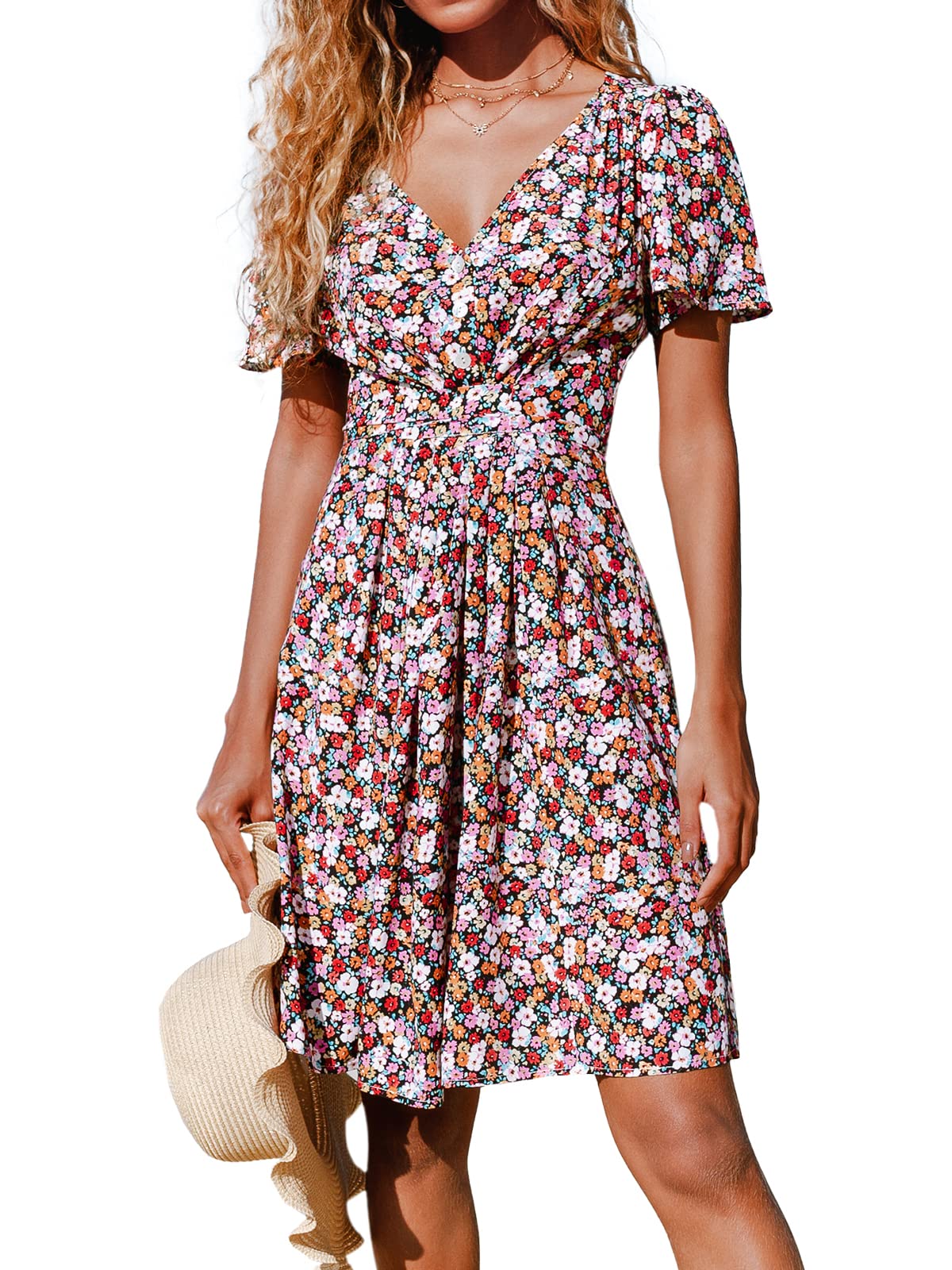 CUPSHE Robe Midi Femme Imprimé Floral Col V Évasé Manches Courtes Bouton Longueur Genou