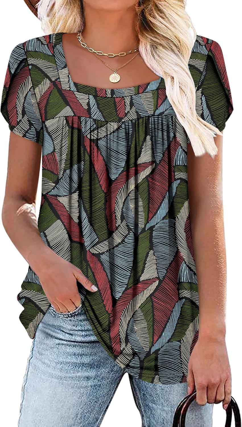 BETTE BOUTIK Womens Summer Tops Short Sleeve Pleated Square Neck Tunics Shirts Blouses S-3XL