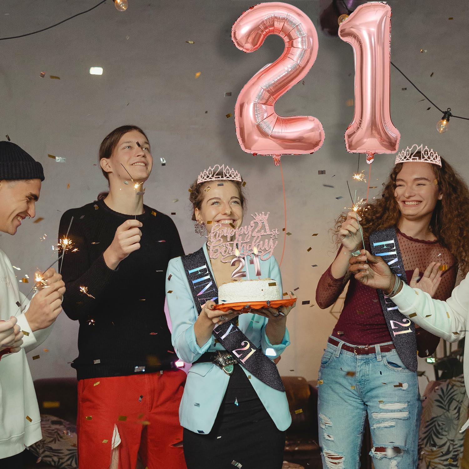21st Birthday Decorations for Her with Black Finally 21 Birthday Sash and Tiara, Cake Topper and Candles, Number Balloons Rose Gold, 21 Year Old Gifts for Her - Image 3