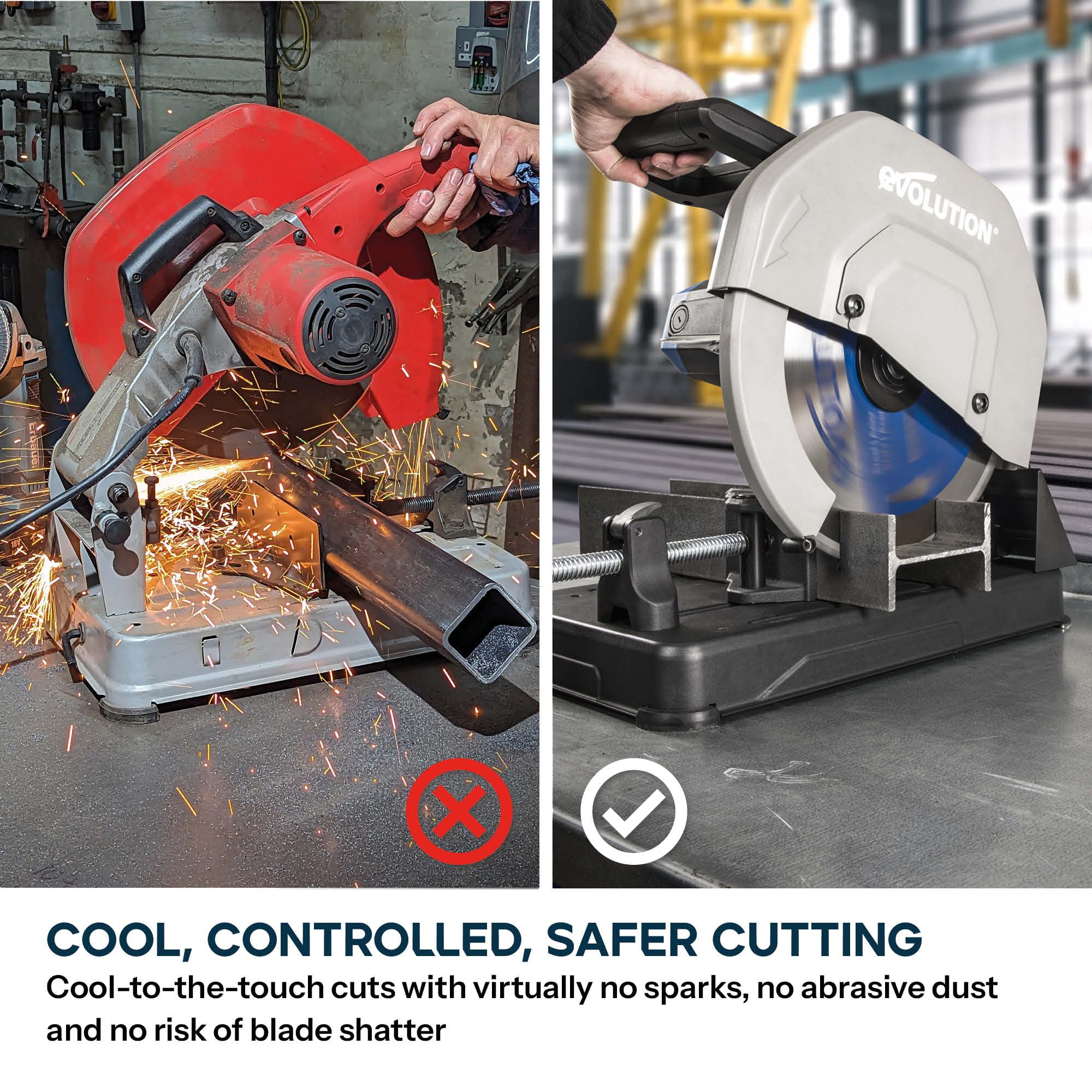 Evolution Power Tools Metall‑Trennsäge 355 mm (14") 230 V | S355CPSL mit TCT‑Klinge für Baustahl | 0–45° Gehrungsschnitte, Schnellspannschraubstock, tragbare, leichte Stahl‑Trennsäge