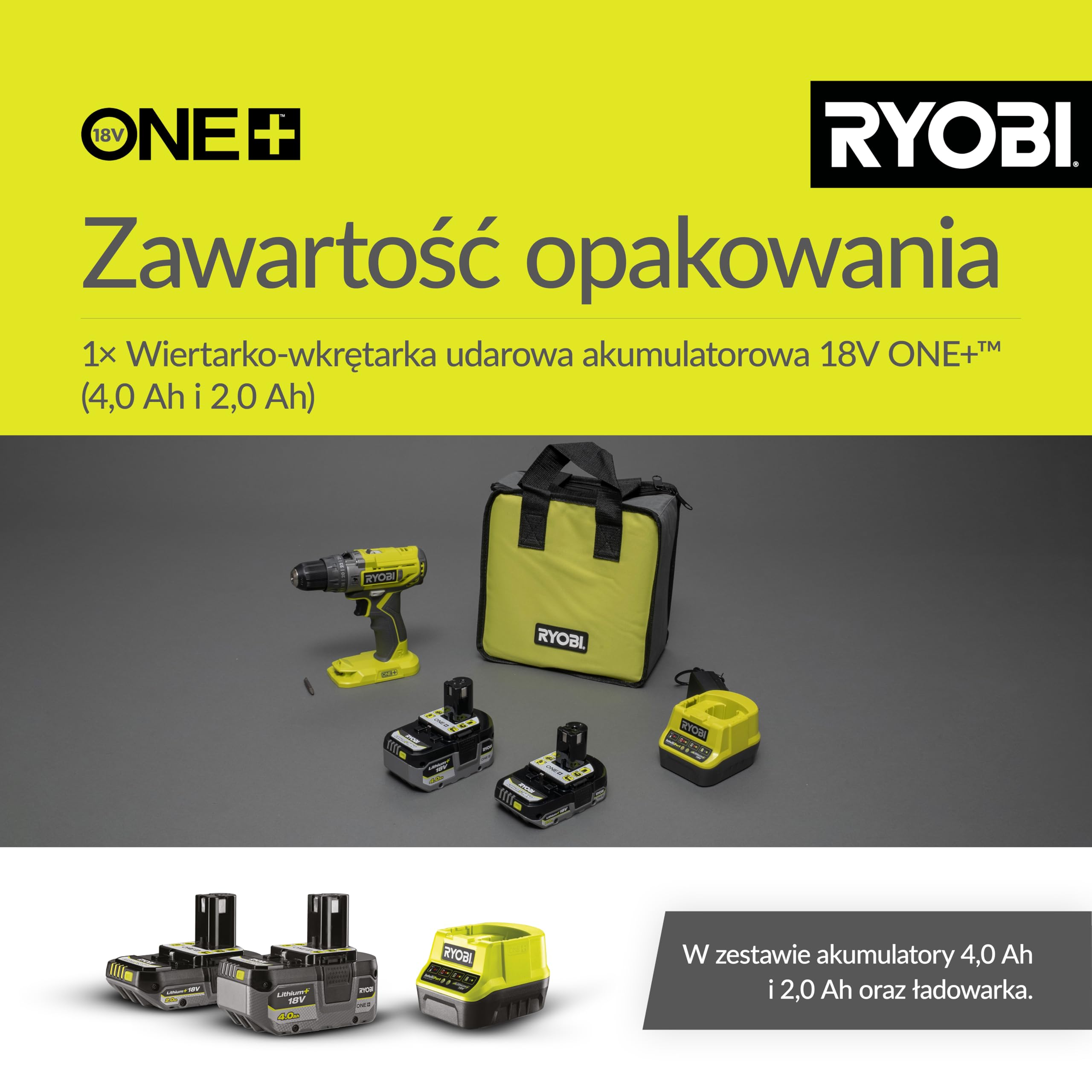 Ryobi Wiertarko-Wkrętarka Udarowa 18 V, R18PD2-242S, Moment Obrotowy 40 Nm, 2 Biegi 0-400/0-1350 obr/min., Max Liczba Udarów 21600/min, Bezkluczykowy Uchwyt Wiertarski 10 mm, Wbudowana Lampka LED