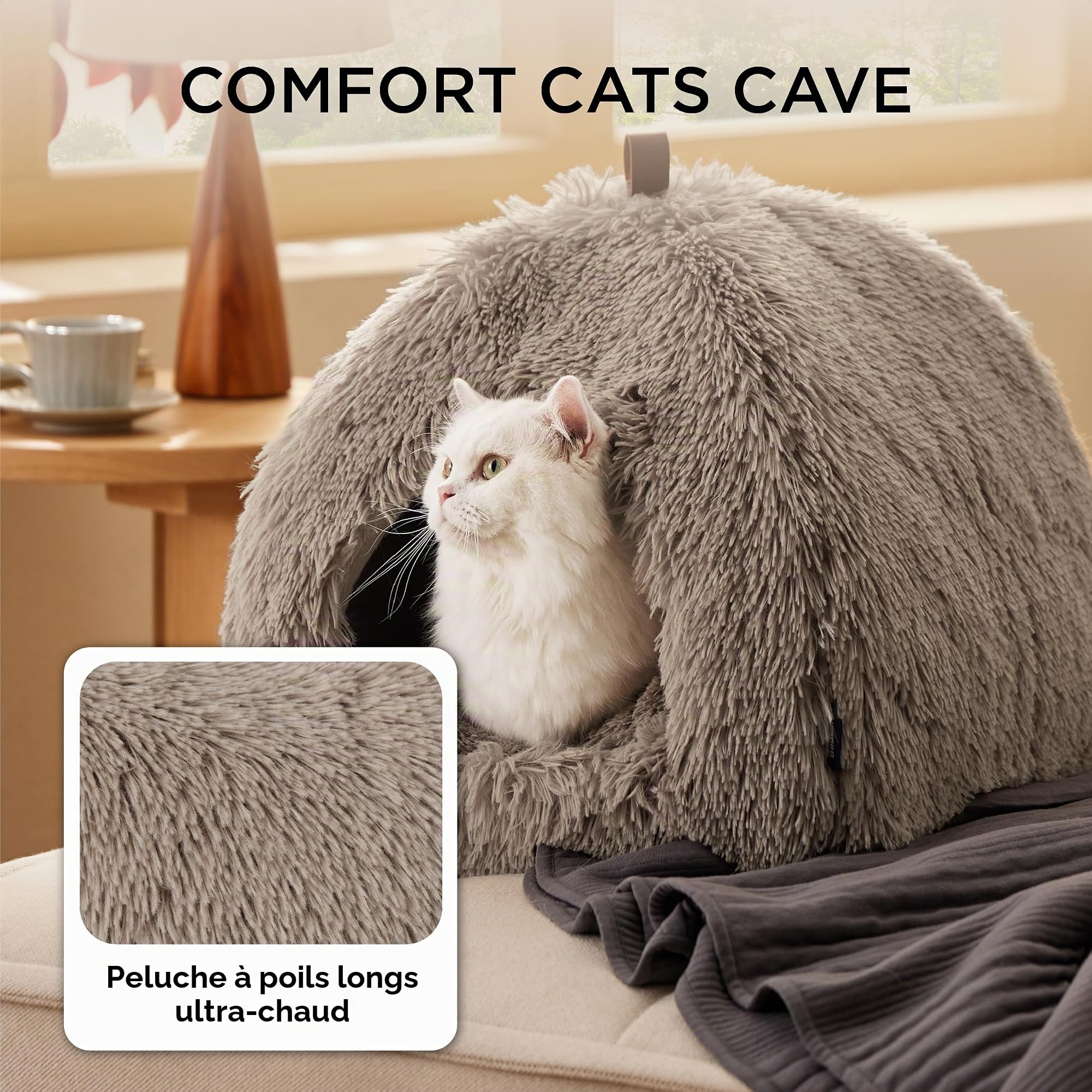 Bedsure Lit Grotte Chat Igloo - Maison Chat Moelleuse, 40x40cm | Coussin Amovible Lavable, Lit Animal Pliable Portable, Peluche Douce, Camel