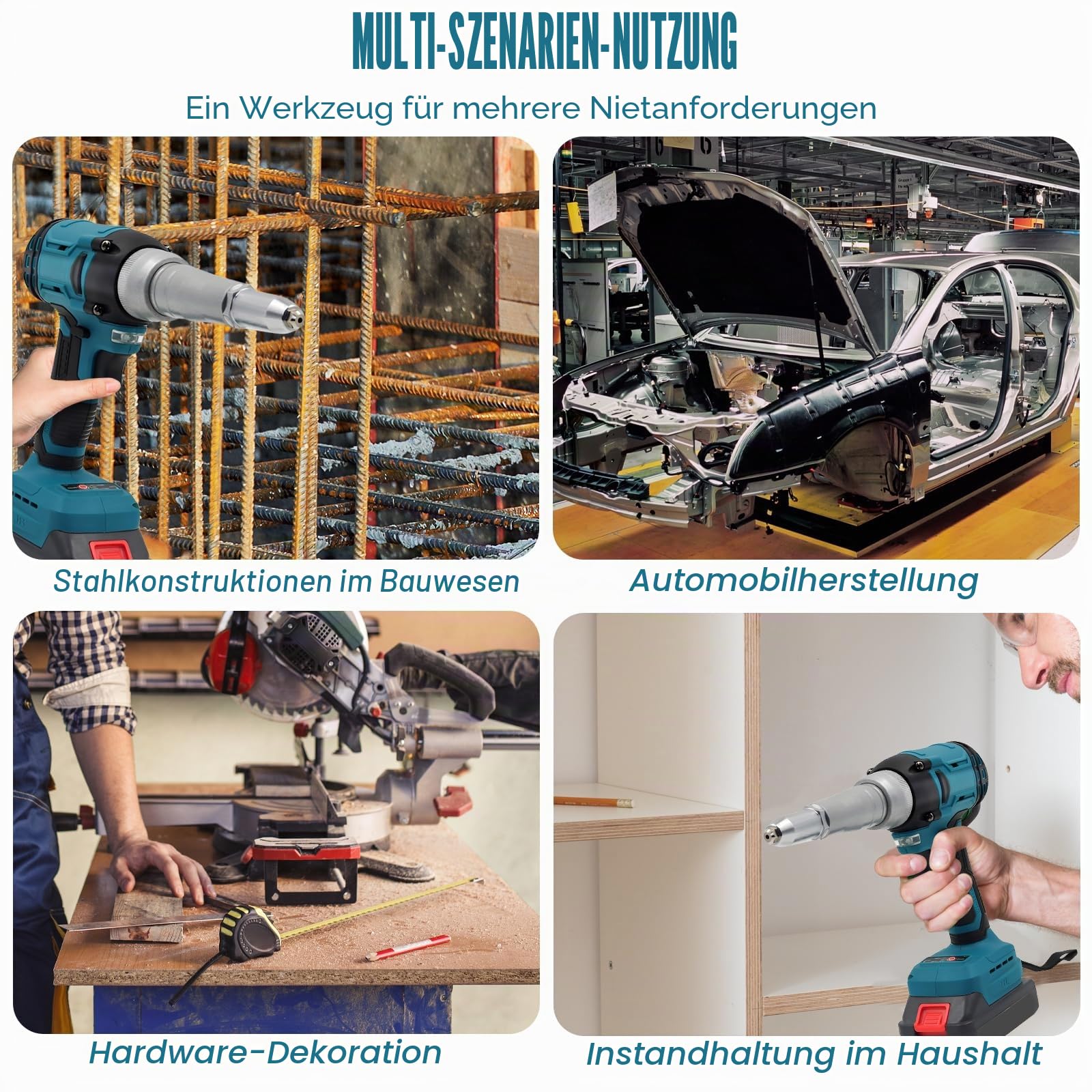 Akku Nietzange 21V Nietpistole Popnietenzange Set mit 2x1300mAh Akkus Elektrische Popnietenzange für 2,4/3,2/4,0/4,8mm Blindnieten für Autoreparaturen Heimwerker
