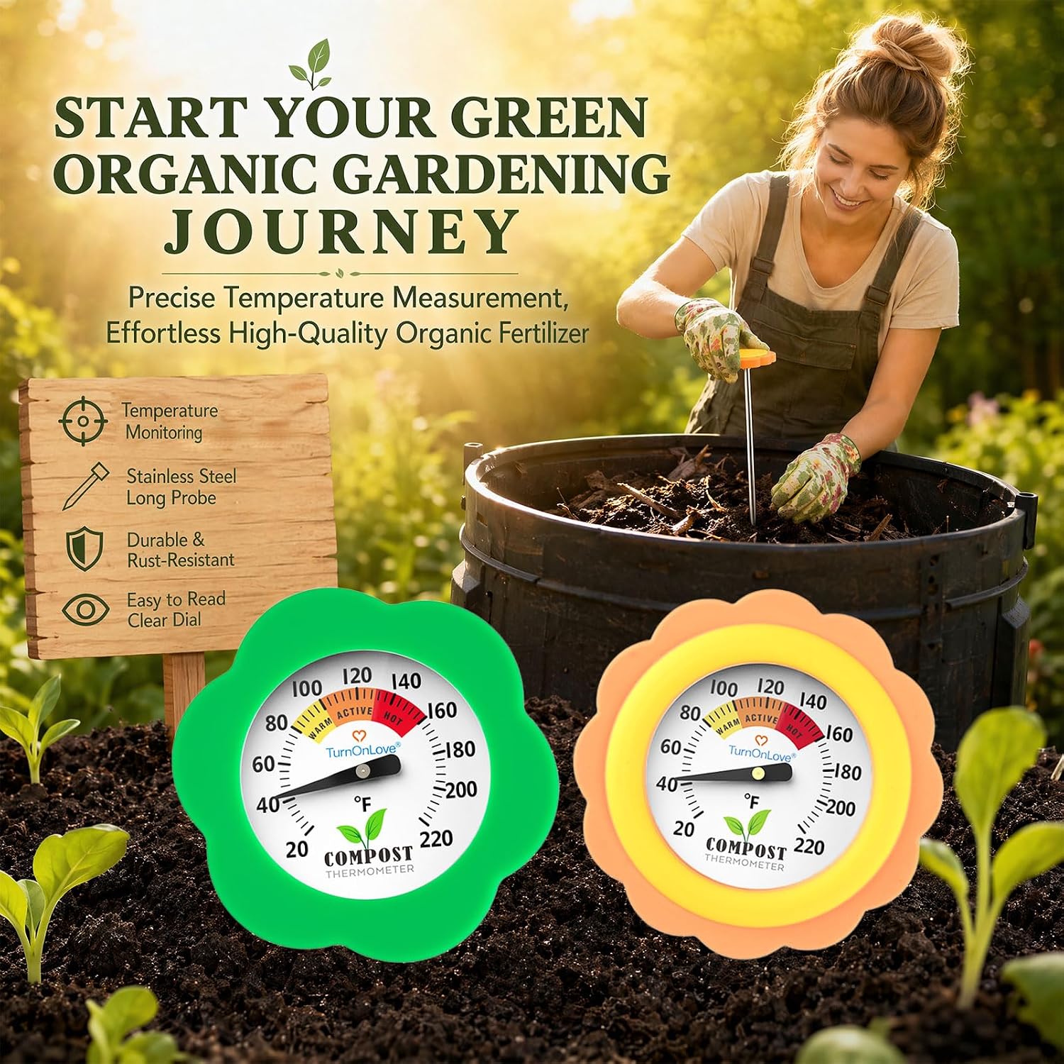 Compost Thermometer, 16-Inch Soil Thermometer with Green Flower Design