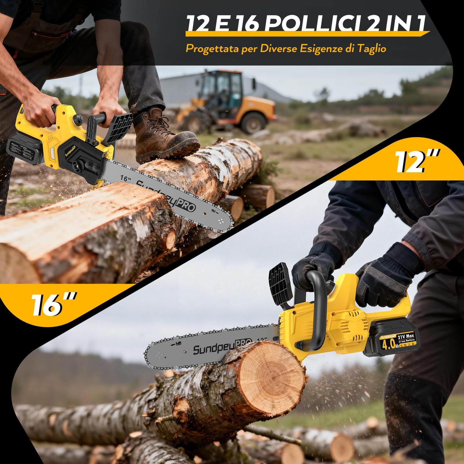 Motosega Elettrica a Batteria, 12+16 Pollici Brushless Motosega Senza Fili con 2x4,0Ah Batterie, 5 Sicurezza Funzioni, Sistema Lubrificazione Automatica, per Potatura e Taglio Alberi Legno