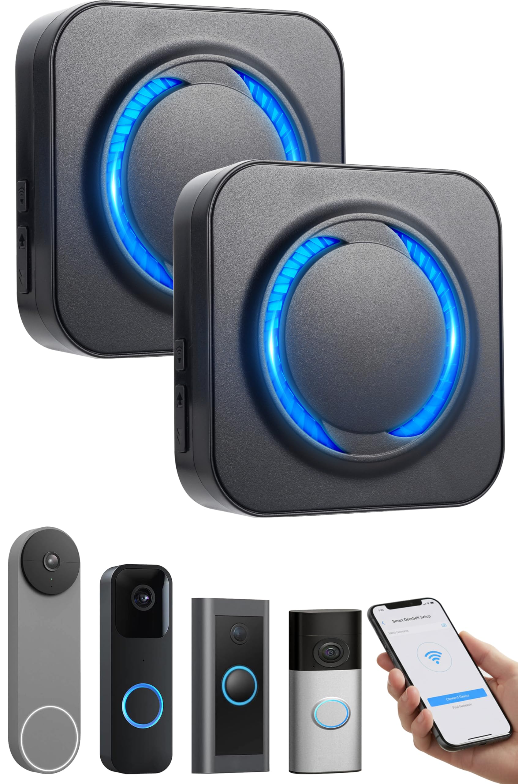 2-Pack Wi-Fi Wireless Doorbell Chime Extender for Ring, Blink, Google Nest Video Doorbells, Compatible with Alexa, No Wiring Required, Easy App Setup, Adjustable Volume & LED Light