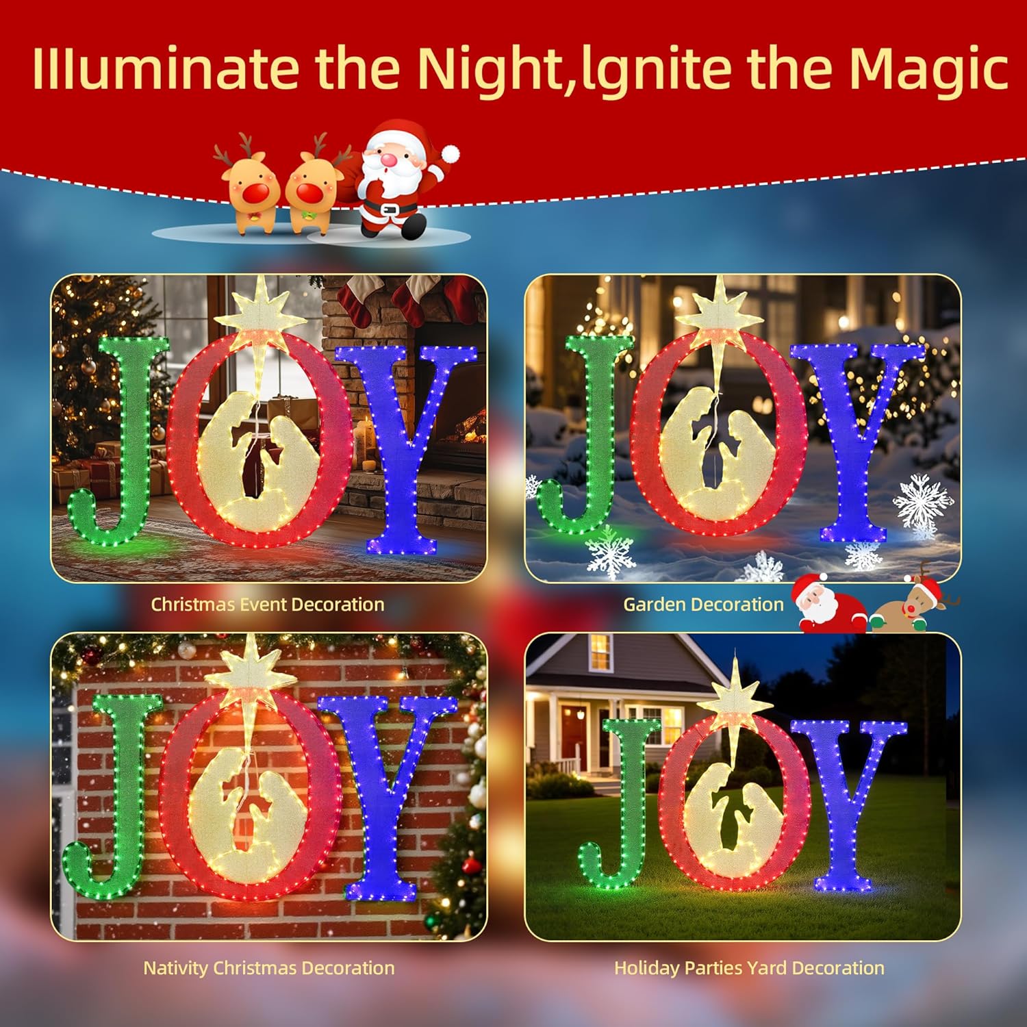 49-Inch Large Outdoor Christmas Decorations Joy Lighted Sign Outdoor Nativity Scene Christmas Yard Signs Holiday Decoration Weather Resistant 350 LED Lights Nativity Joy Hang/Stand for Porch Indoor