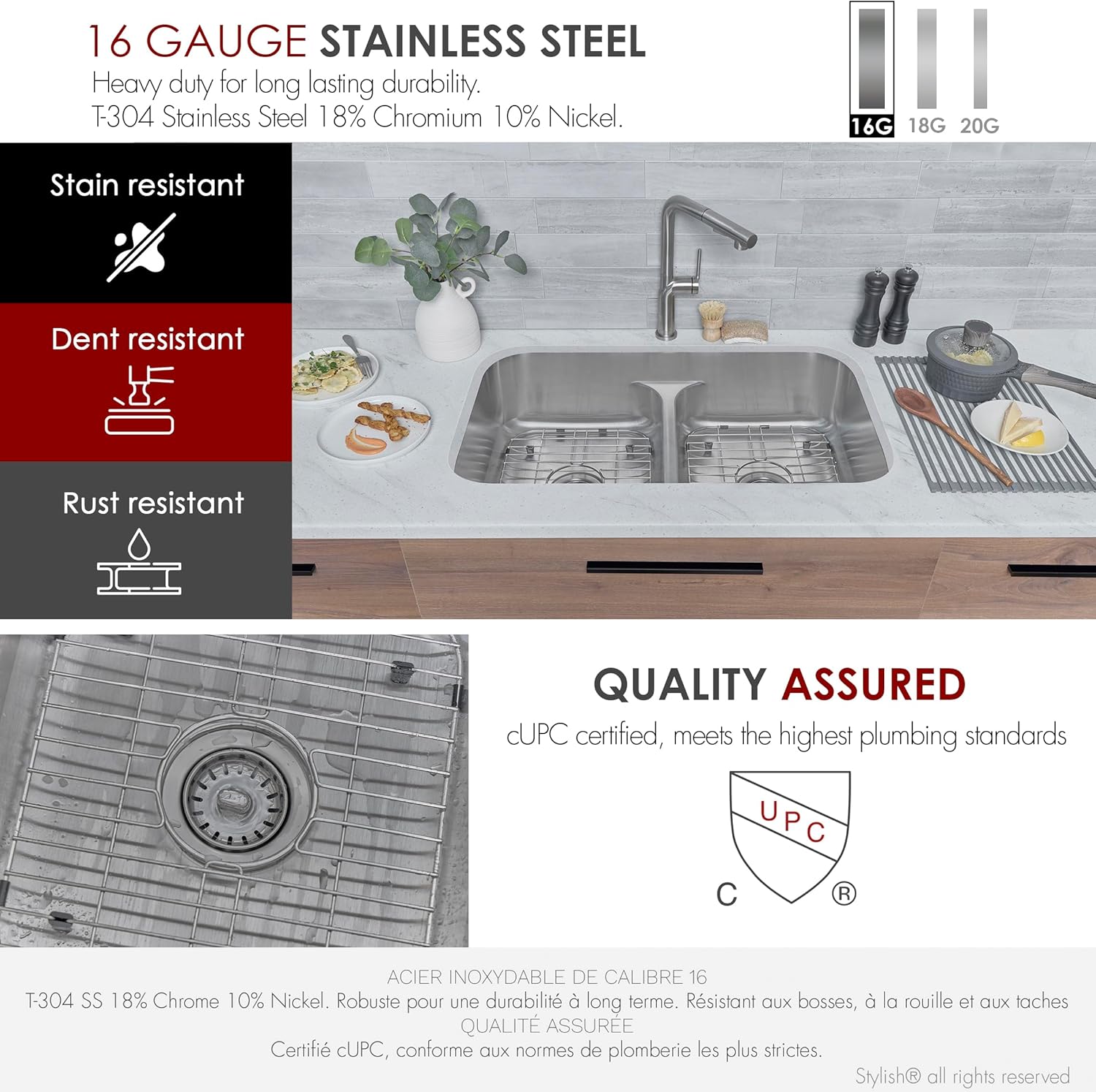 Stylish 32.25 x 18.88 Inch Drop in or Undermount Kitchen Sink 8.5 Inches Deep Double Bowl 16G Stainless Steel Sink with Bottom Grids and Standard Metal Strainers, S-202XTG