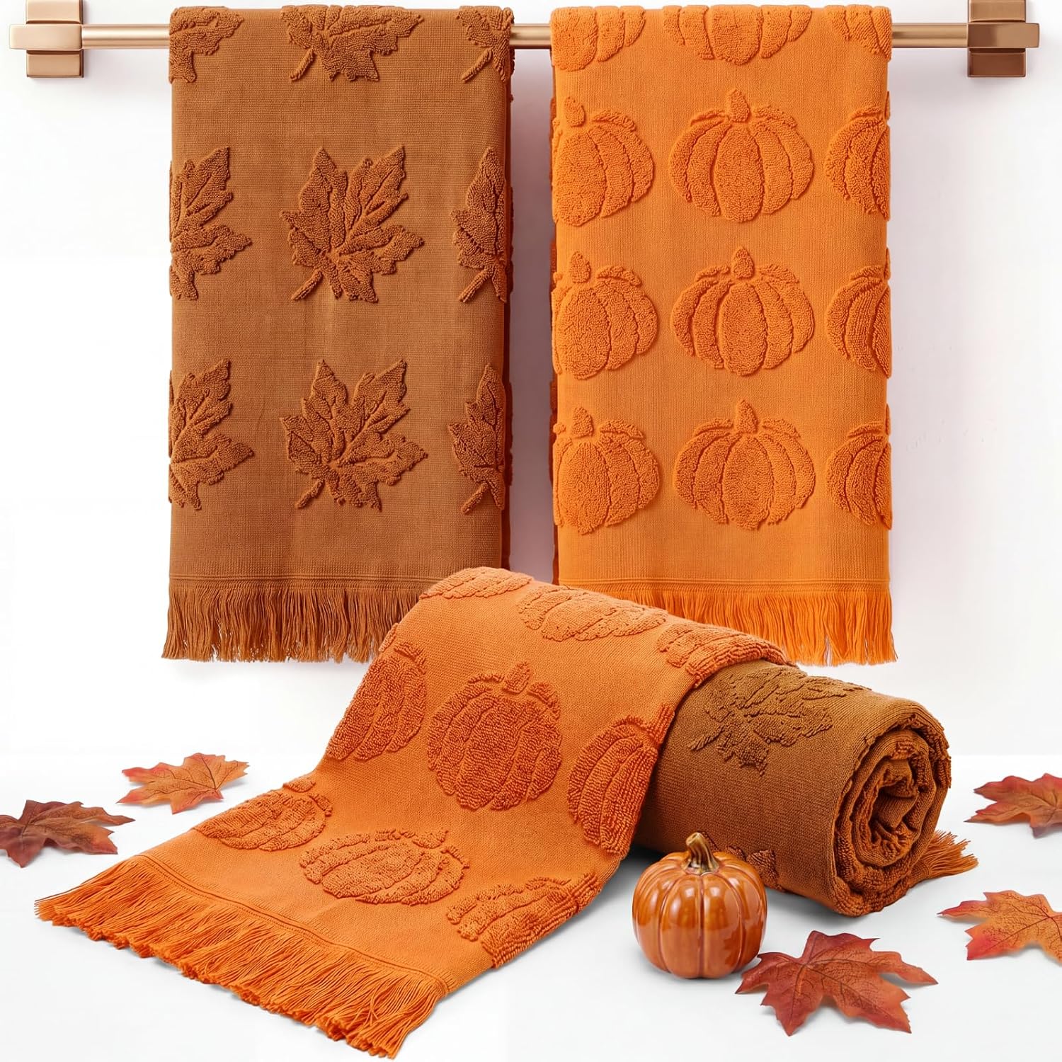 Peryiter 2 Pcs 3D Jacquard Fall Hand Towels with Tassel for Bathroom Kitchen 100% Cotton Soft Absorbent Quick Dry 13 x 29 Inch Pumpkin Maple Leaves Decorative Orange and Brown Towels for Home Autumn