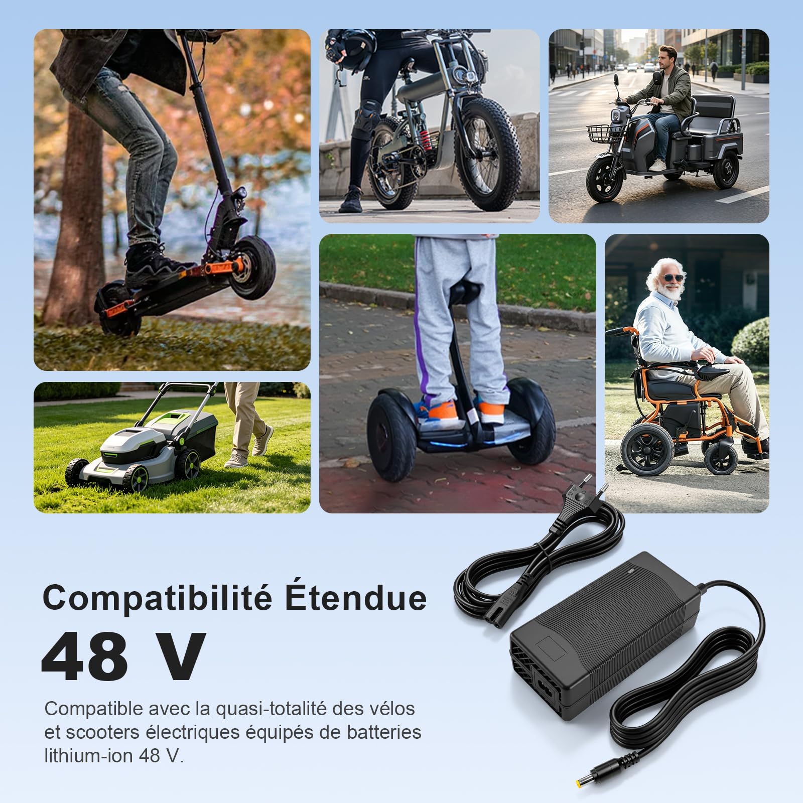 Chargeur 54,6 V 2 A pour scooter électrique Kukirin G2 Pro/Kukirin G2 MAX, pour scooter électrique Xiaomi 4 Ultra/5 Pro, chargeur de batterie au lithium 48 V de rechange avec connecteurs