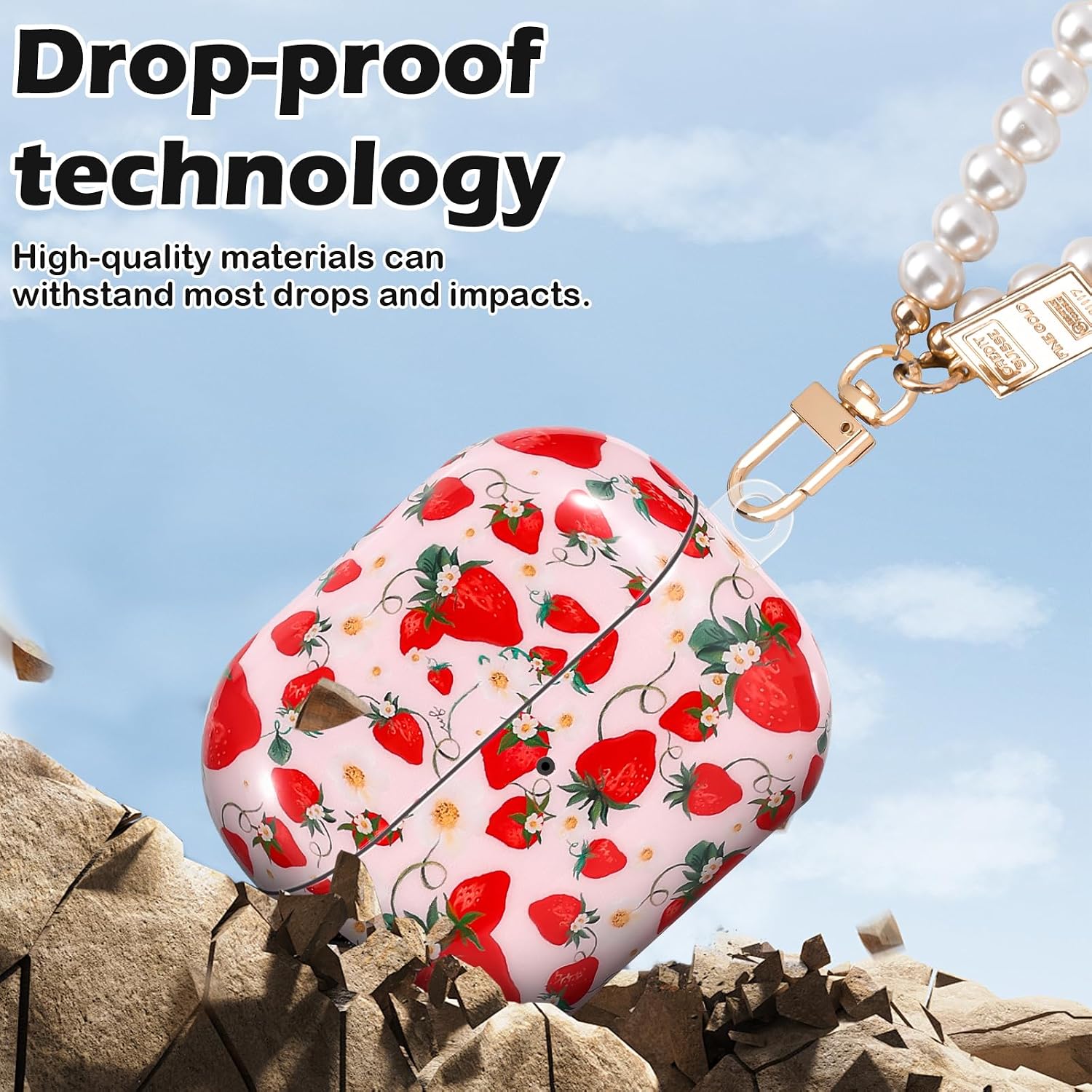 CameCosy Protective Cover Compatible with Samsung Galaxy Buds 3 FE/Buds 3 Pro/Buds 3 with Pearl Bracelet Keyring, TPU Case with Strawberry Pattern for Women, Shockproof Anti-Scratch Cover image 3