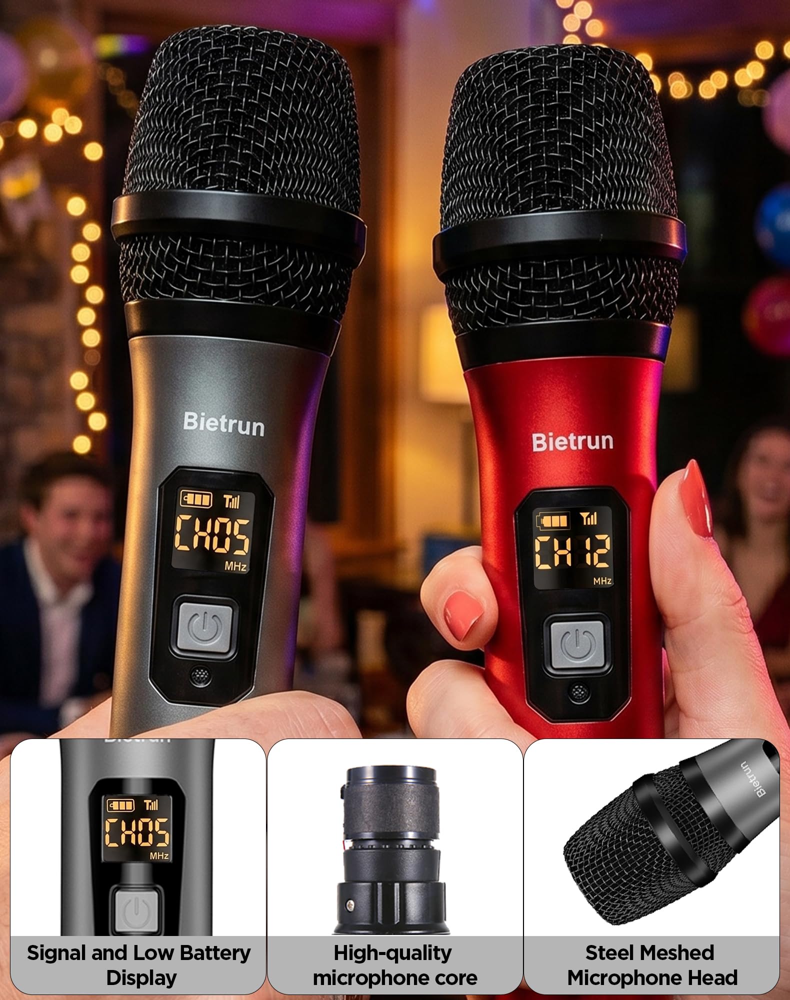 Wireless Microphone, UHF Wireless Dual Handheld Dynamic Mic System Set with Rechargeable Receiver, 260ft Range, 6.35mm(1/4'') Plug, for Karaoke, Voice Amplifier, PA System, Singing Machine, Church