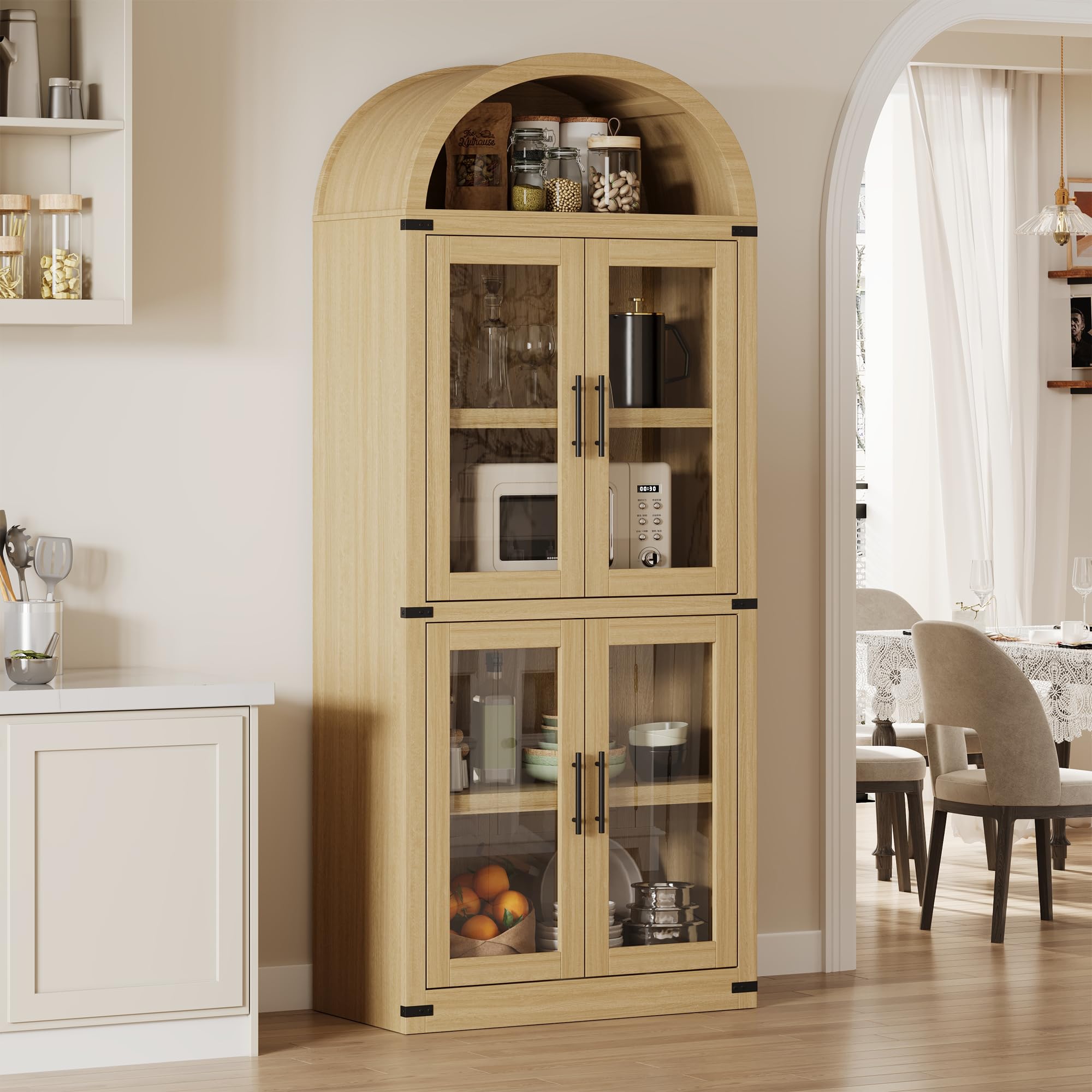 Garvee Farmhouse Arched Bookcase with Doors | 71.4" Tall Wooden Cabinet | Rounded Shelf Display Unit for Living Room, Kitchen & Office, Natural Wood