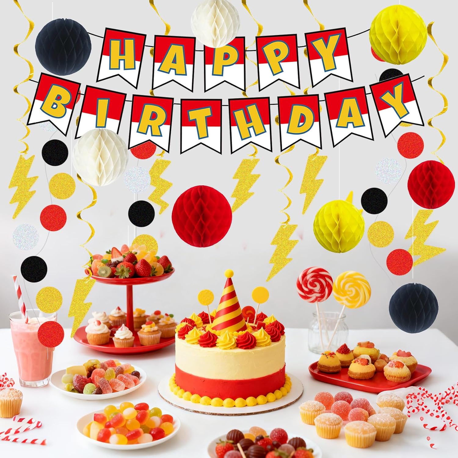 Cartoon Animation Birthday Party Decorations, Party Supplies Birthday Banner, Honeycomb Balls, Gold Theme Hanging Swirls, Circle Dots Garland, for Boys and Girls