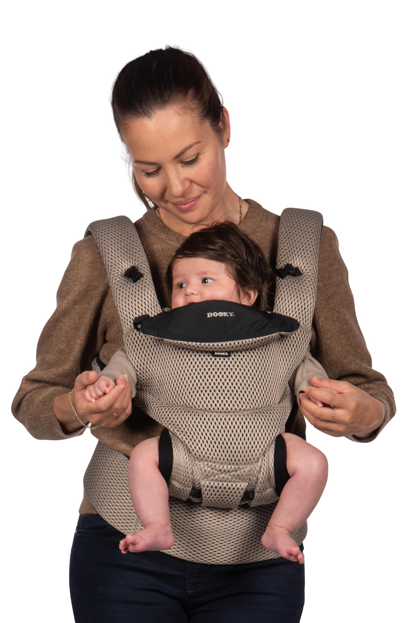 Dooky Urban Comfort ergonomiczne nosidełko dla niemowląt (odpowiednie dla dzieci w wieku 0-3 lat i 3,5-15 kg, oddychający materiał, trzy różne możliwości noszenia), kolor: beżowy desert