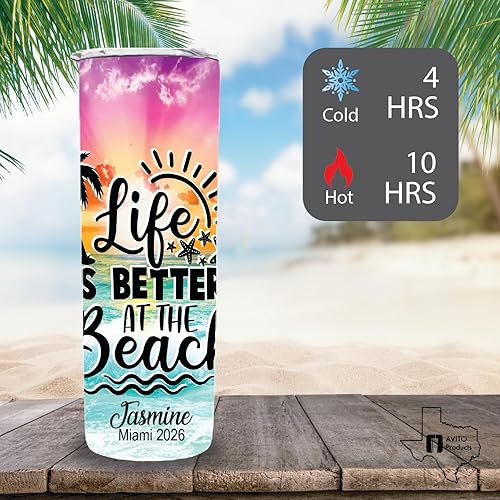 Miniatura 6 de AVITO Vaso de playa personalizado – Vaso de acero inoxidable delgado de 20 onzas – Regalo de vacaciones – Life Is Better at the Beach – Vasos de