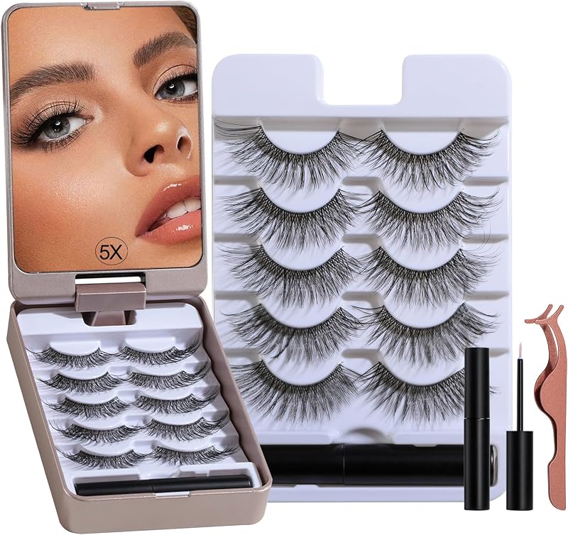 Pestañas postizas BS-MALL – Pestañas Wispy 100% hechas a mano de aspecto natural, reutilizables y duraderas, incluye espejo de aumento 5X y kit de aplicación (Style03)