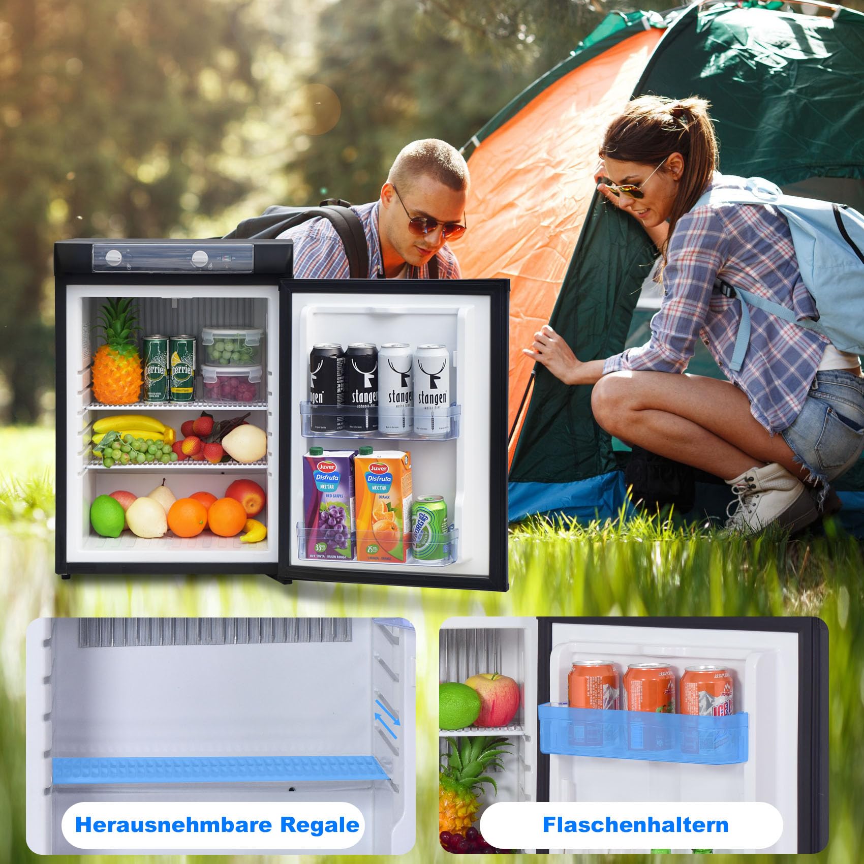 Gas Kühlschrank 60L, Camping Kühlschrank Gas 12V 230V, Wohnmobil Kühlschränk, Absorber Kühlschränk Gäs für Haus, Outdoor, Camping, Schwarz