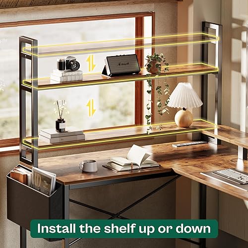 Miniatura 8 de Huuger L Shaped Desk Computer Desk with LED Lights & Power Outlets, Gaming Desk with Storage Shelves, Corner Desk Home Office Desks for Bedroom,